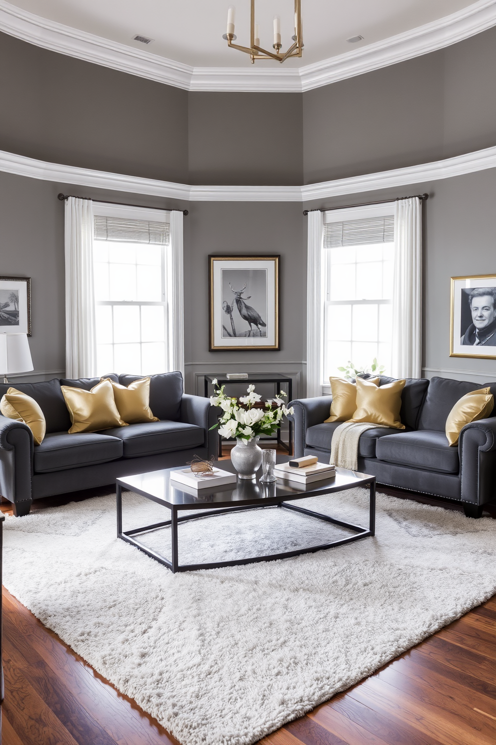 A classic gray family room featuring plush gray sofas and elegant gold accent pillows. A stylish coffee table sits in the center, surrounded by a soft area rug and framed artwork on the walls, creating a warm and inviting atmosphere.