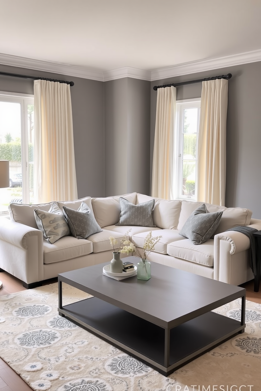 A sophisticated family room featuring a seamless blend of gray and cream tones. The space is adorned with a plush cream sectional sofa paired with gray accent pillows, creating a cozy yet elegant atmosphere. A sleek gray coffee table sits atop a soft cream area rug, providing a stylish focal point. The walls are painted in a soft gray hue, complemented by cream-colored curtains that filter natural light beautifully.