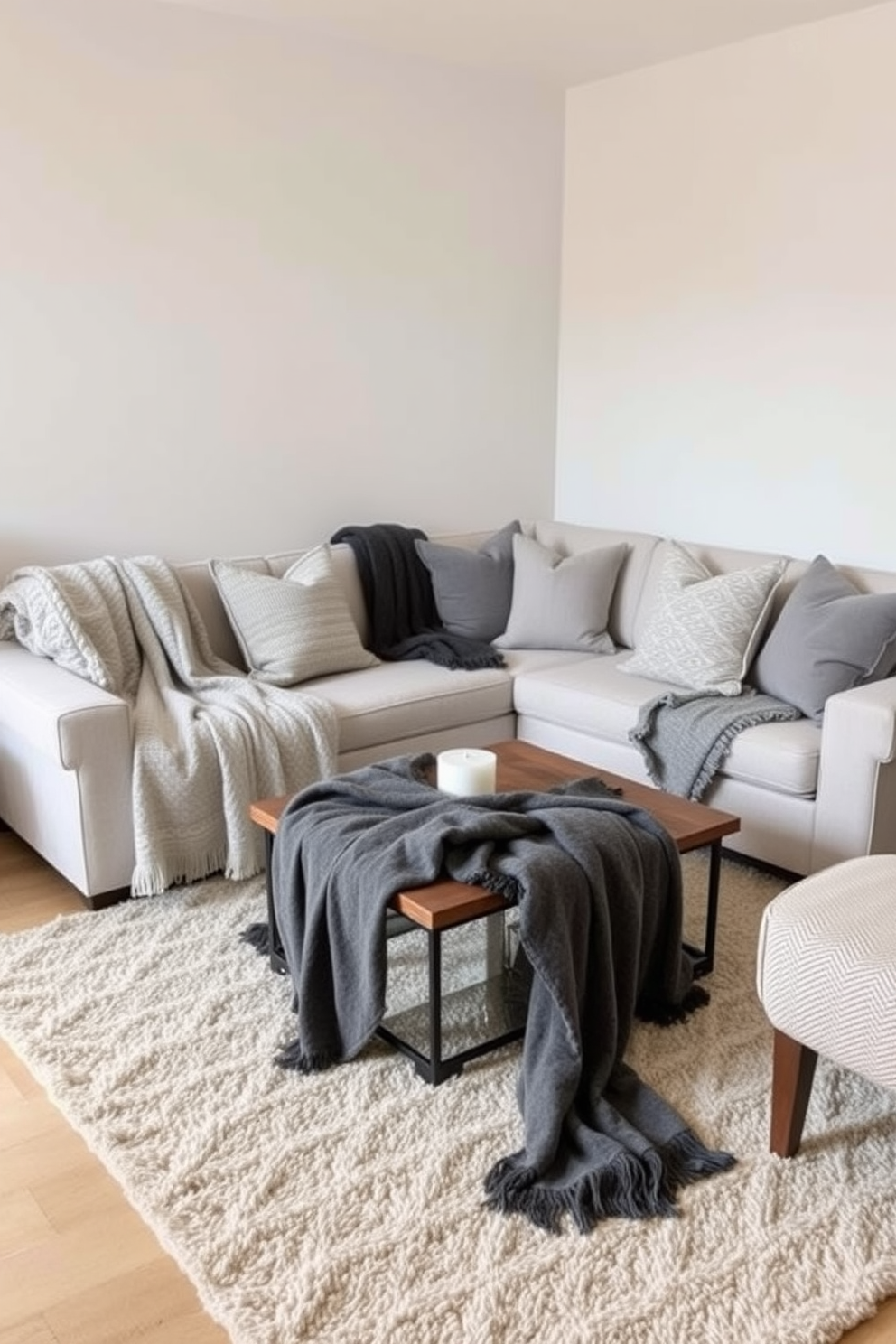 A cozy family room featuring soft gray throw blankets draped over a plush sectional sofa. Accent pillows in varying shades of gray add texture and comfort, creating an inviting atmosphere for relaxation. The walls are painted in a light neutral tone to enhance the room's brightness. A stylish coffee table sits in the center, complemented by a soft area rug that ties the space together.