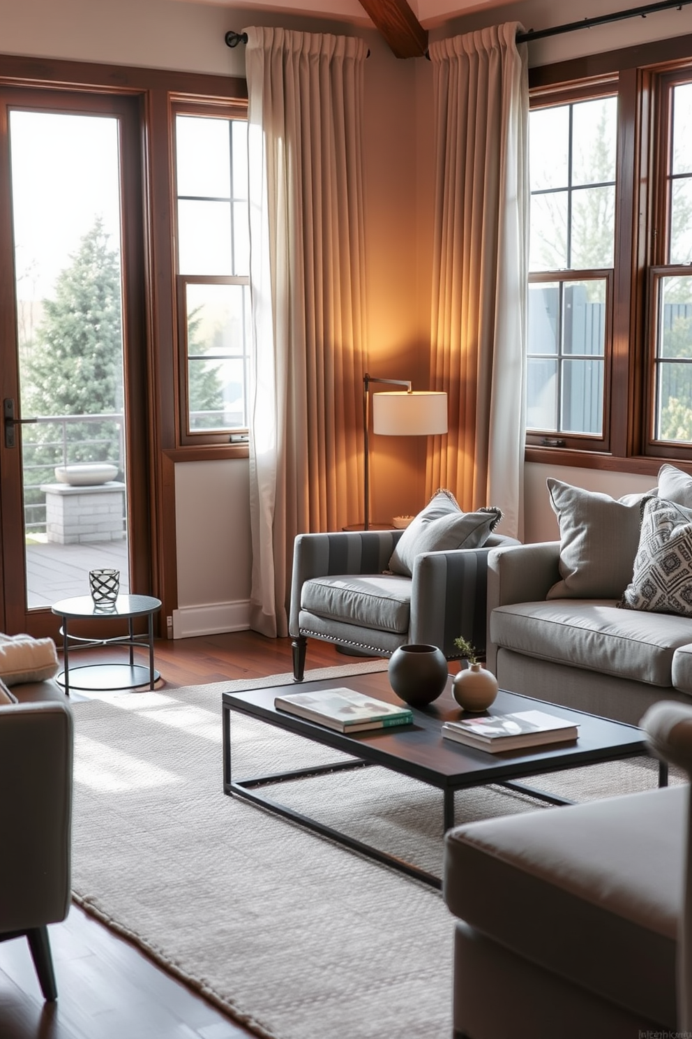 A dove gray armchair is positioned in the corner of a cozy family room, complemented by a sleek reading lamp that casts a warm glow. The room features a soft textured rug underfoot and is adorned with neutral-toned cushions for added comfort. Large windows allow natural light to flood the space, while sheer curtains gently filter the sunlight. A minimalist coffee table sits in front of the armchair, surrounded by a curated selection of books and decorative items.