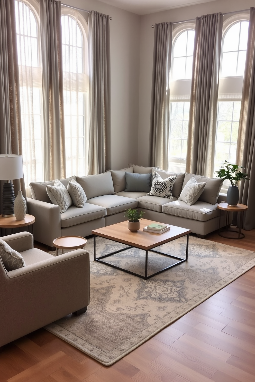 A cozy family room featuring muted gray curtains that gently filter the sunlight, creating a warm and inviting atmosphere. The room is adorned with a plush sectional sofa in a complementary shade, paired with textured throw pillows for added comfort. A large area rug anchors the space, showcasing a subtle pattern that adds depth to the design. Accent tables in natural wood finish provide functional surfaces, while a contemporary coffee table sits at the center, perfect for family gatherings.