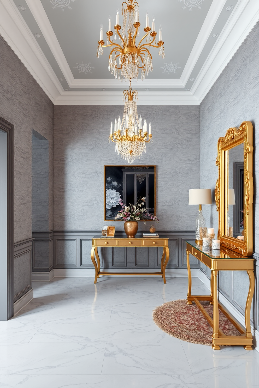 A luxurious foyer bathed in gray and gold tones. The walls are adorned with elegant gray wallpaper featuring subtle textures, while a grand chandelier with gold accents hangs from the ceiling. A sleek marble floor in a light gray shade complements the overall design. To the side, a stylish console table in a rich gold finish displays decorative items and a large mirror with a gold frame reflects the opulence of the space.