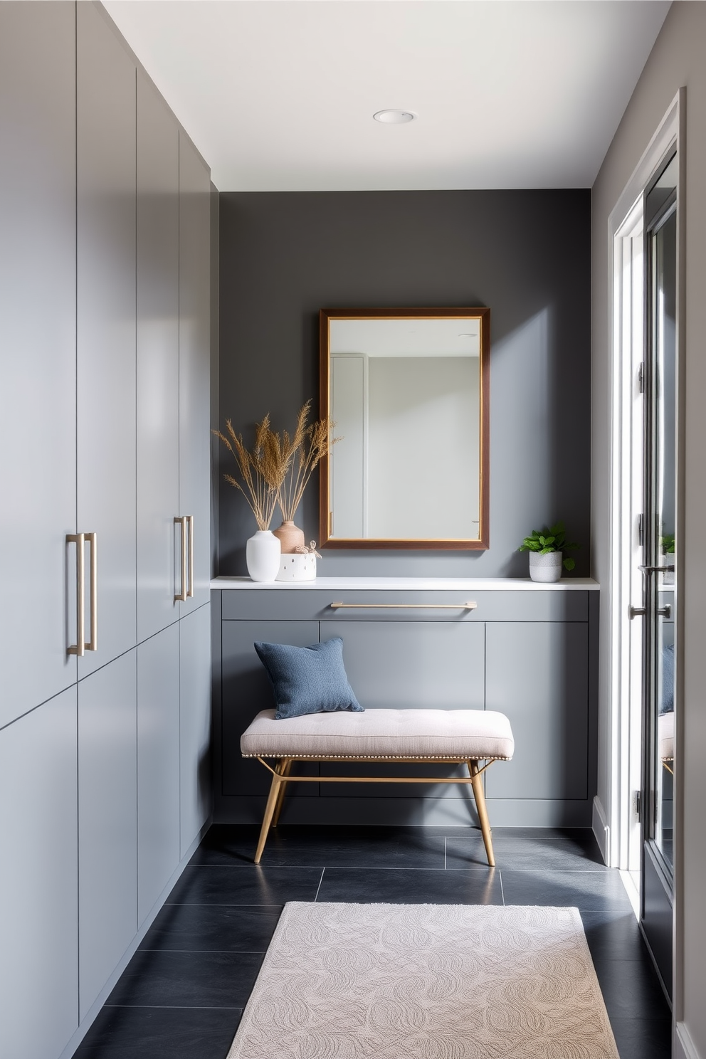 Sleek gray cabinetry lines the walls of a modern foyer, creating an organized and minimalist space. The cabinetry features clean lines and integrated handles, offering a seamless look that enhances the sophistication of the entryway. A stylish bench in a complementary shade is positioned beneath a large mirror, reflecting natural light that floods the area. Decorative elements such as potted plants and a chic rug add warmth and personality to the gray foyer design.