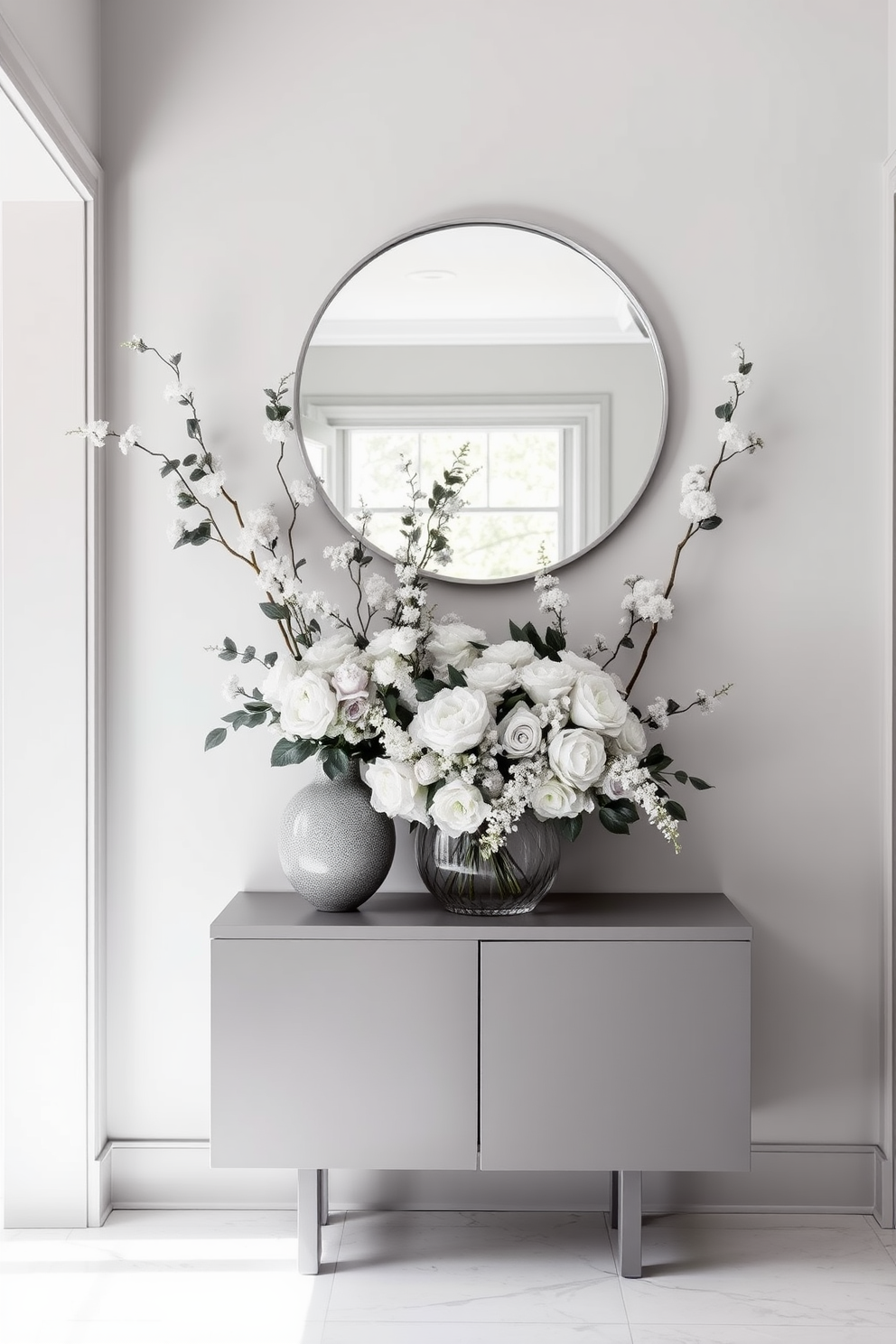 A stylish foyer featuring a soft gray color palette. The space is adorned with elegant gray floral arrangements that bring a fresh and inviting atmosphere. The walls are painted in a light gray hue, complemented by a sleek console table in a darker gray finish. A round mirror with a minimalist design hangs above the table, reflecting the beauty of the floral arrangements.