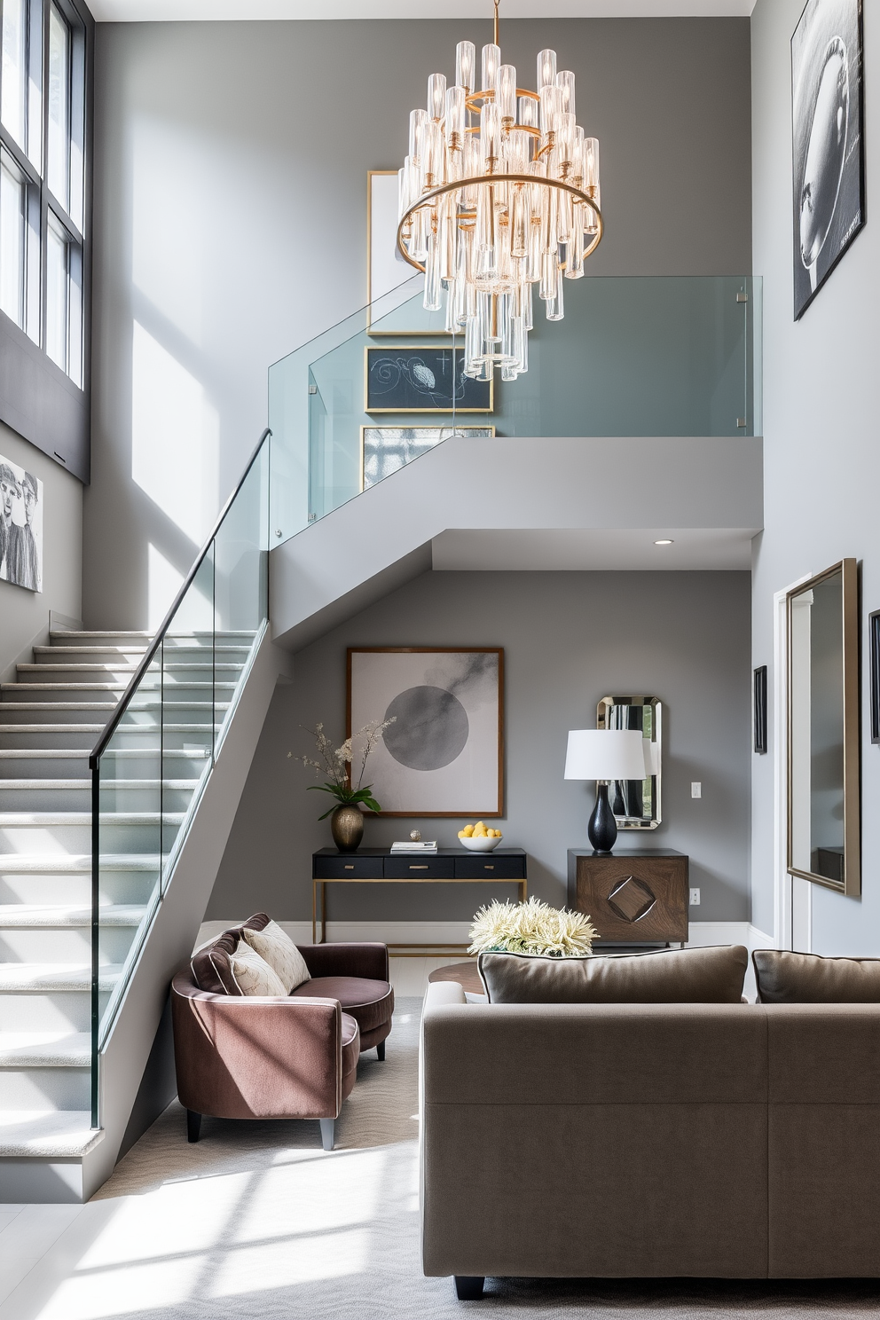 A modern gray staircase features sleek lines and a glass railing that allows light to flow through the space. The walls are adorned with contemporary art pieces, adding a touch of sophistication to the overall design. The foyer is designed with a soft gray palette, complemented by a stylish console table and a large mirror. Plush seating is arranged to create a welcoming atmosphere, while a statement light fixture hangs above, enhancing the modern aesthetic.