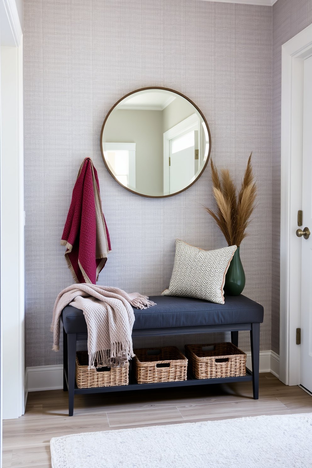 A cozy gray foyer welcomes you with soft throw blankets draped over a stylish bench. The walls are adorned with subtle textured wallpaper, and a large round mirror reflects natural light, enhancing the inviting atmosphere.