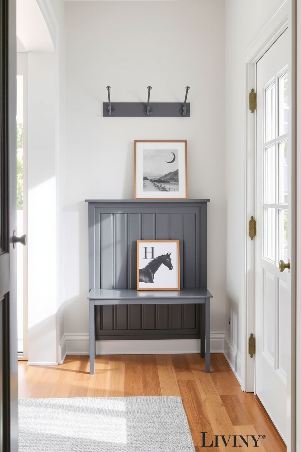 A chic foyer featuring a sleek gray console table against the wall. Above the table, stylish gray hooks are mounted for elegant coat storage, complementing the overall design. The floor is adorned with a textured rug in soft gray tones, adding warmth to the space. Natural light pours in through a nearby window, illuminating the modern art piece displayed on the table.