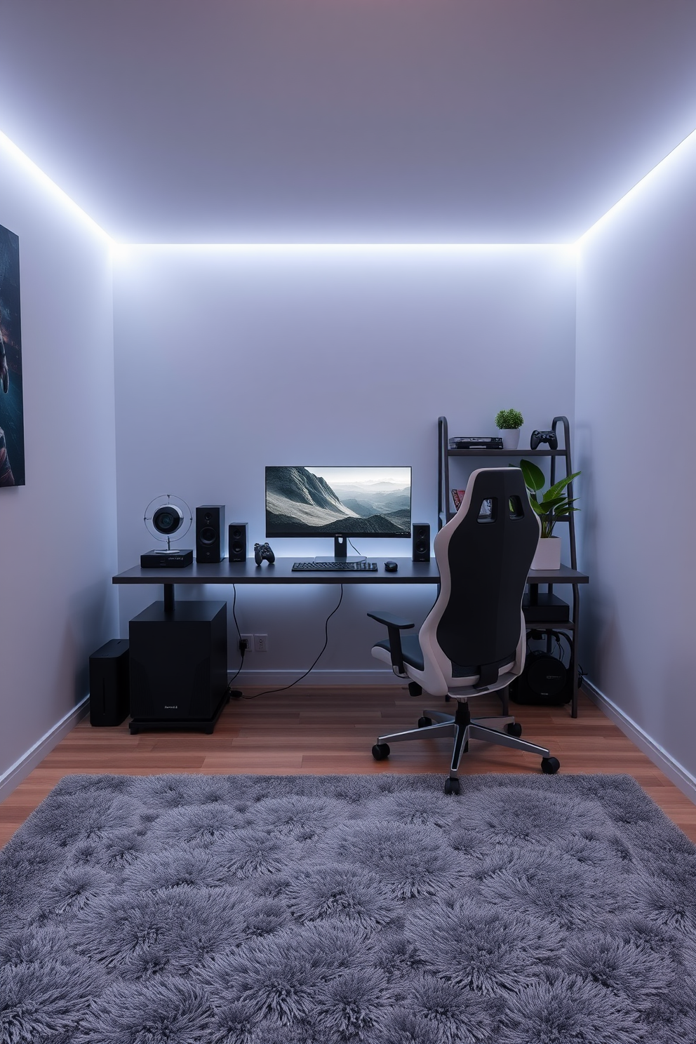 A modern minimalist gray gaming setup featuring a sleek desk with a large monitor and a comfortable ergonomic chair. The walls are painted in a soft gray hue, complemented by ambient LED lighting that creates a calming atmosphere. The floor is adorned with a plush gray area rug that adds warmth to the space. Accessories include a minimalist shelving unit displaying gaming collectibles and a potted plant for a touch of greenery.