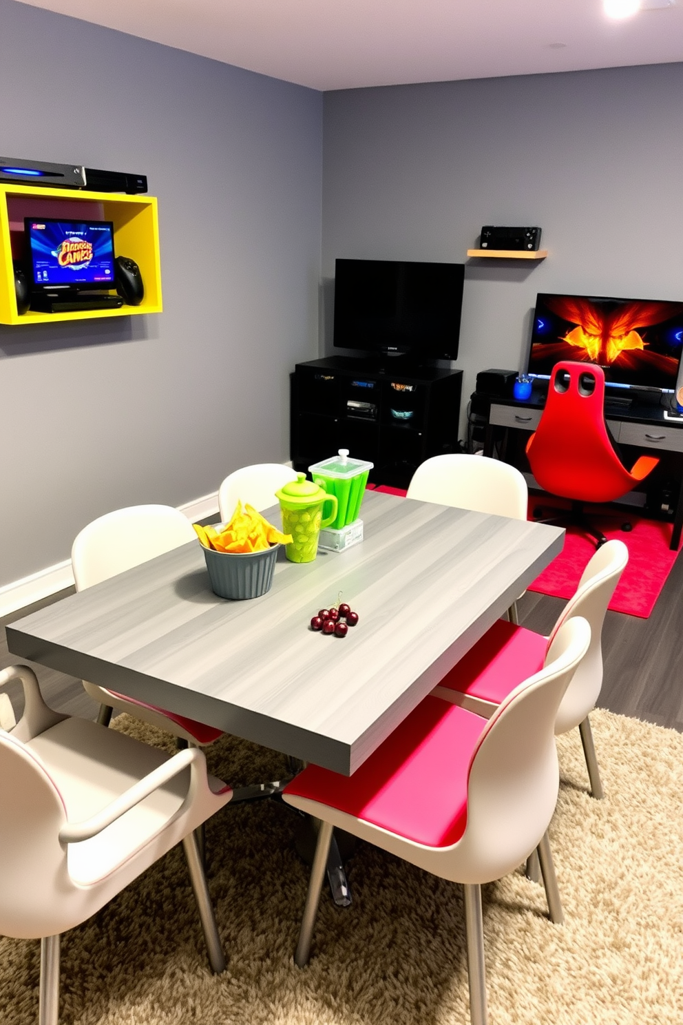 A stylish multi-functional gray table serves as both a snack station and a gaming hub. The table is surrounded by comfortable, modern chairs, creating an inviting atmosphere for friends and family. The game room features a sleek gray color palette with vibrant accents. Wall-mounted shelves display gaming consoles and accessories, while a plush area rug adds warmth to the space.