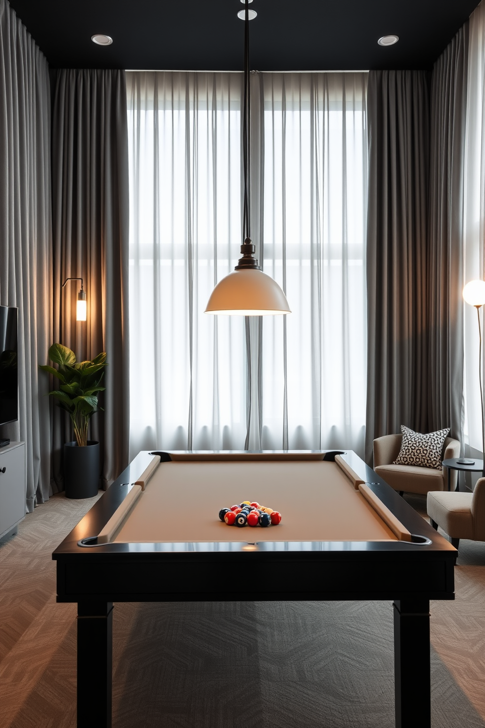 A stylish game room featuring gray curtains that elegantly block out distractions while enhancing the cozy atmosphere. The space is furnished with a sleek pool table, complemented by comfortable seating and modern lighting fixtures that create an inviting ambiance.