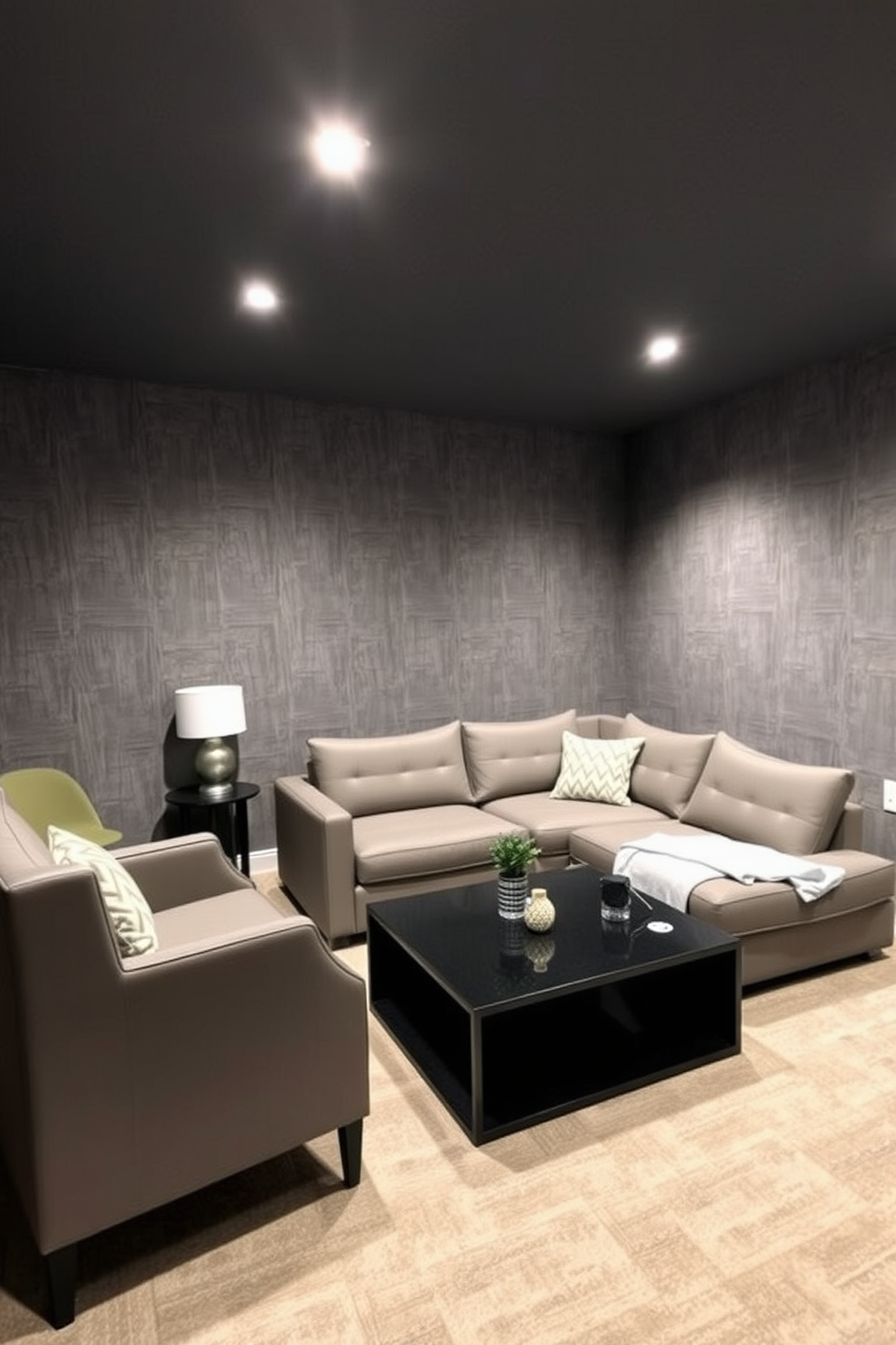 A stylish game room featuring textured gray wallpaper that adds depth and character to the space. The room is furnished with a sleek sectional sofa and a modern coffee table, creating a cozy area for relaxation and entertainment.