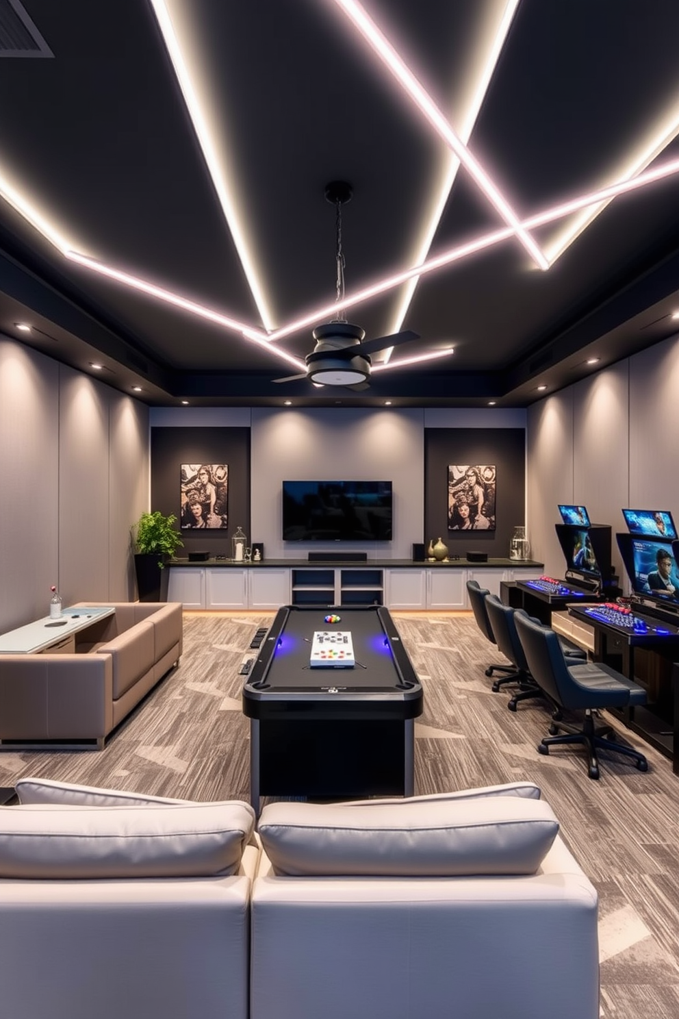 A contemporary game room features sleek gray lighting fixtures that create a warm and inviting ambiance. The room is designed with comfortable seating arrangements, modern gaming consoles, and stylish decor elements that enhance the overall aesthetic.