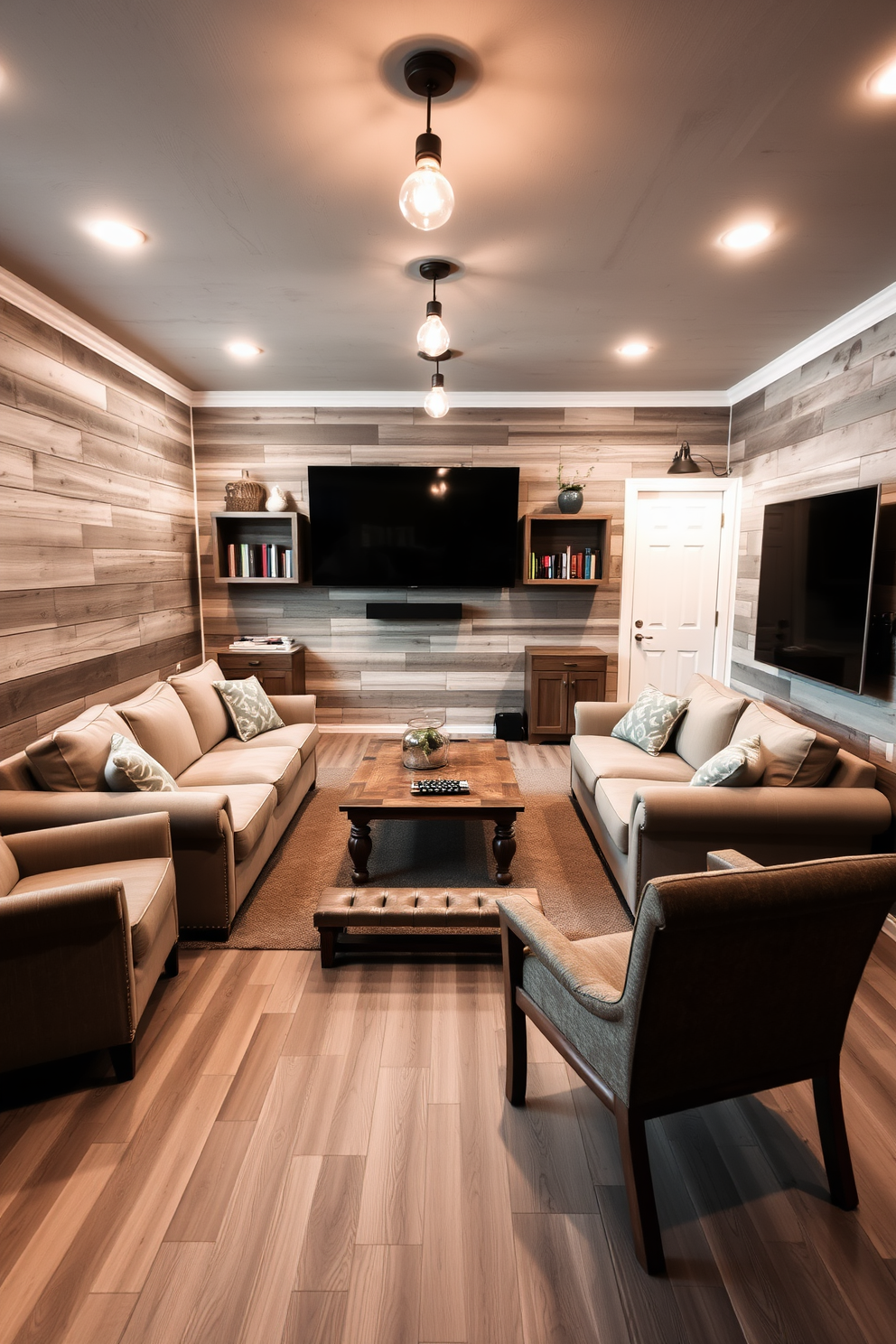 A cozy game room featuring rustic gray wood elements that create a warm and inviting atmosphere. The walls are adorned with reclaimed wood paneling, and the flooring consists of wide-plank gray wood that complements the overall design. In the center of the room, a large sectional sofa upholstered in soft gray fabric provides ample seating for friends and family. A vintage wooden coffee table sits in front of the sofa, surrounded by a few rustic accent chairs that enhance the game's relaxed vibe. The lighting is soft and ambient, with exposed bulb fixtures hanging from the ceiling, adding a touch of industrial charm. A wall-mounted shelf displays board games and books, while a large flat-screen TV is positioned for easy viewing during game nights.