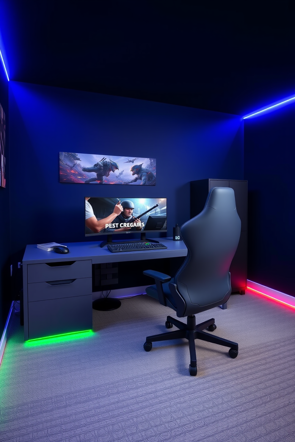 A modern game room featuring a sleek gray gaming desk paired with an ergonomic chair designed for comfort during long gaming sessions. The walls are painted in a deep navy blue, and ambient LED lights create a vibrant atmosphere throughout the space.