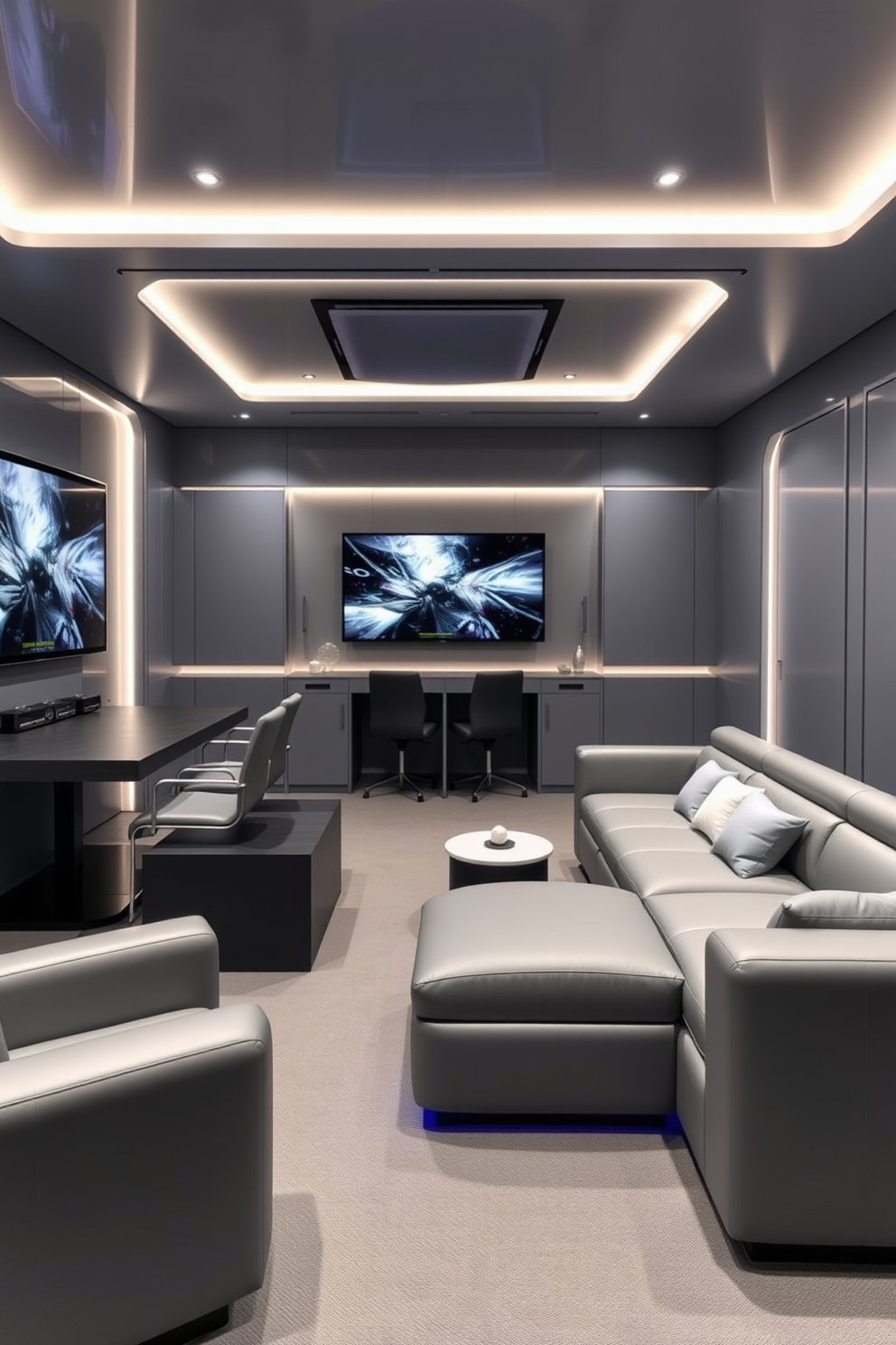 A futuristic game room featuring sleek gray decor with minimalist furniture. High-tech gadgets are seamlessly integrated into the design, including a large wall-mounted screen and smart lighting that adjusts to the mood.