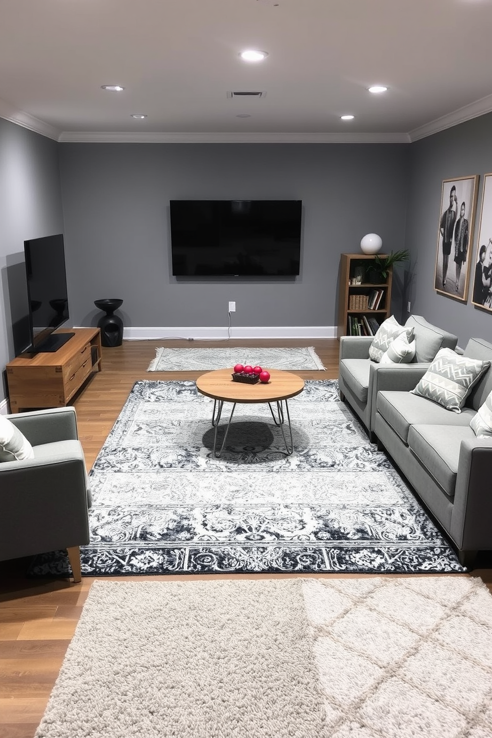 A cozy game room featuring layered gray rugs that add texture and visual interest to the space. The walls are painted in a soft gray hue, complemented by modern furniture in varying shades of gray, creating a cohesive and inviting atmosphere.