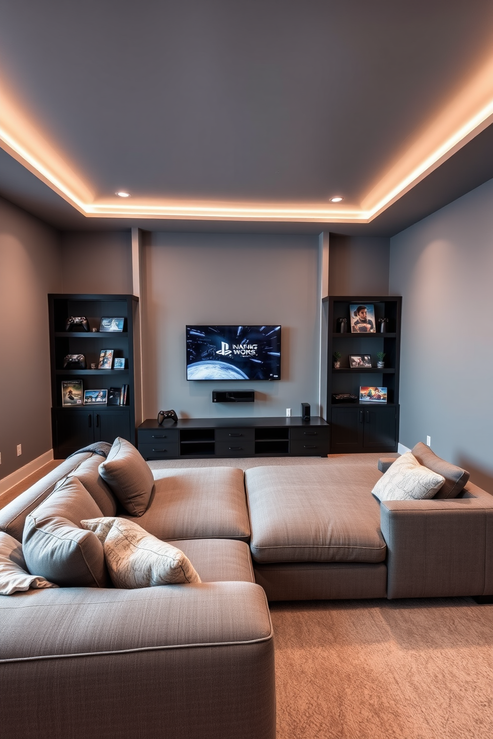 Cozy gray sectional with plush cushions is positioned in the center of a modern game room. A sleek gaming console is mounted on the wall opposite the sectional, surrounded by shelves displaying games and accessories. The walls are painted in a soft gray tone, creating a warm and inviting atmosphere. Ambient LED lighting is installed along the edges of the ceiling, enhancing the room's contemporary feel.