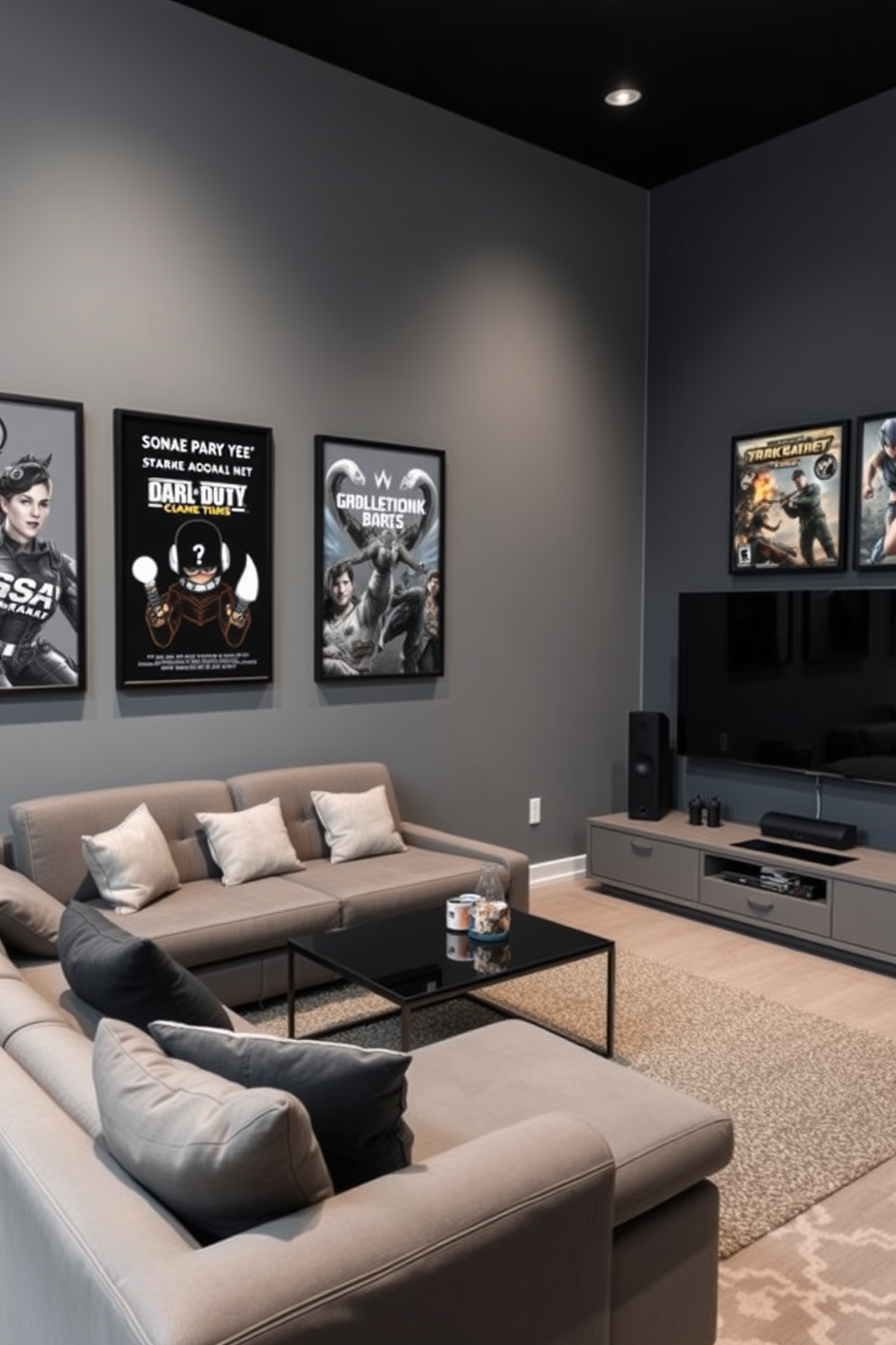 A stylish game room featuring gray framed posters of favorite games adorning the walls. The space includes a comfortable sectional sofa in a muted tone, complemented by a sleek coffee table and a large flat-screen TV for an immersive gaming experience.