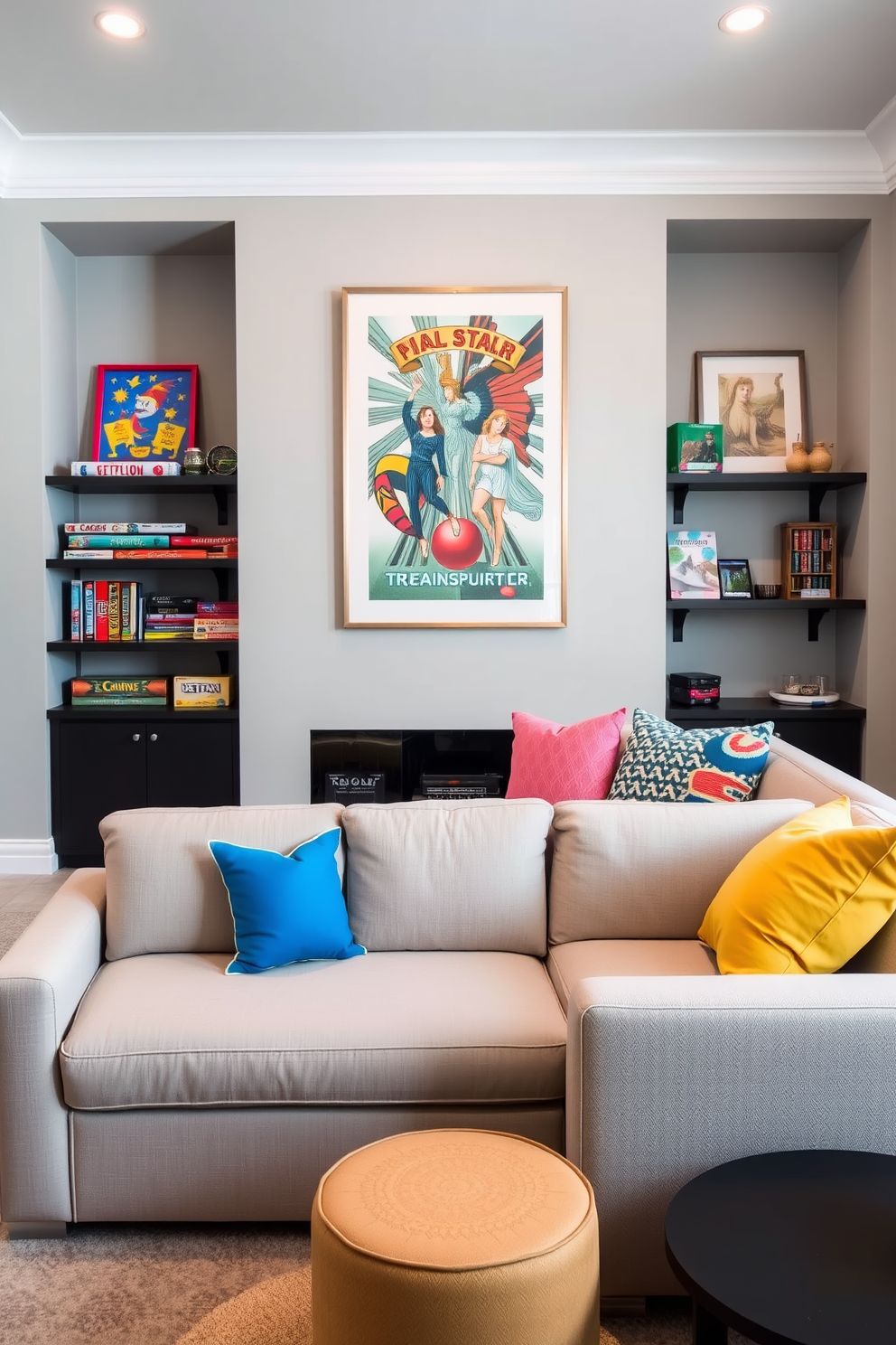 A bright gray game room featuring a sleek sectional sofa adorned with colorful throw pillows. The walls are painted in a light gray shade, complemented by vibrant artwork and decorative shelves showcasing board games and collectibles.