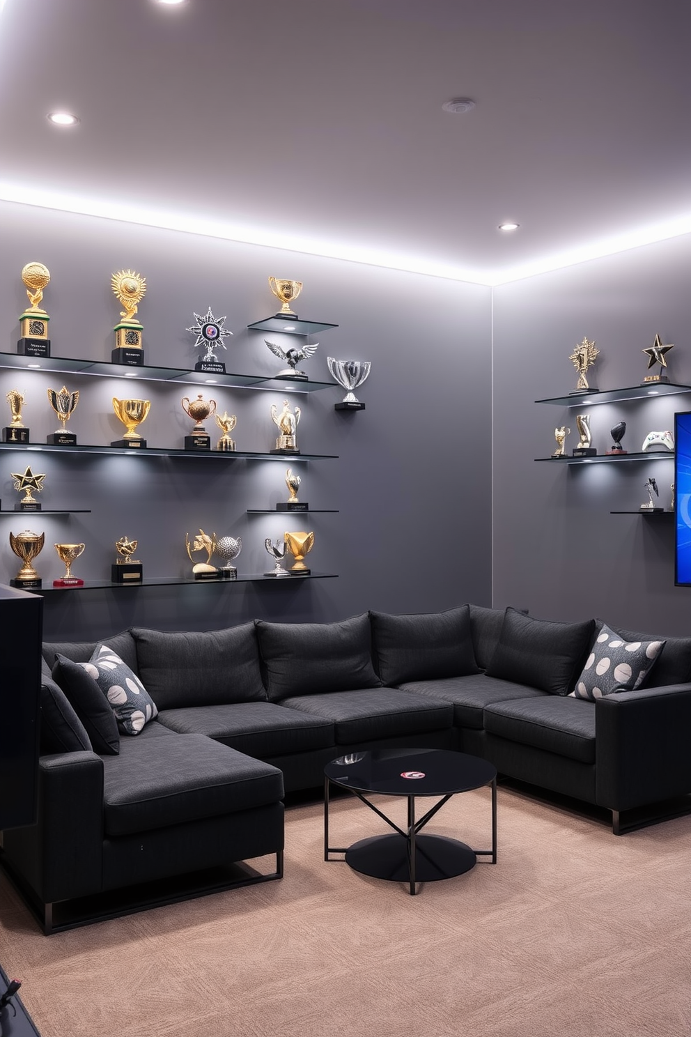 A stylish game room featuring a sleek gray color palette. The walls are adorned with an array of gaming trophies displayed on elegant shelves, showcasing achievements in a modern way. The room includes a comfortable sectional sofa in a dark gray fabric, paired with a minimalist coffee table. Ambient lighting highlights the trophies while creating a cozy atmosphere for gaming sessions.