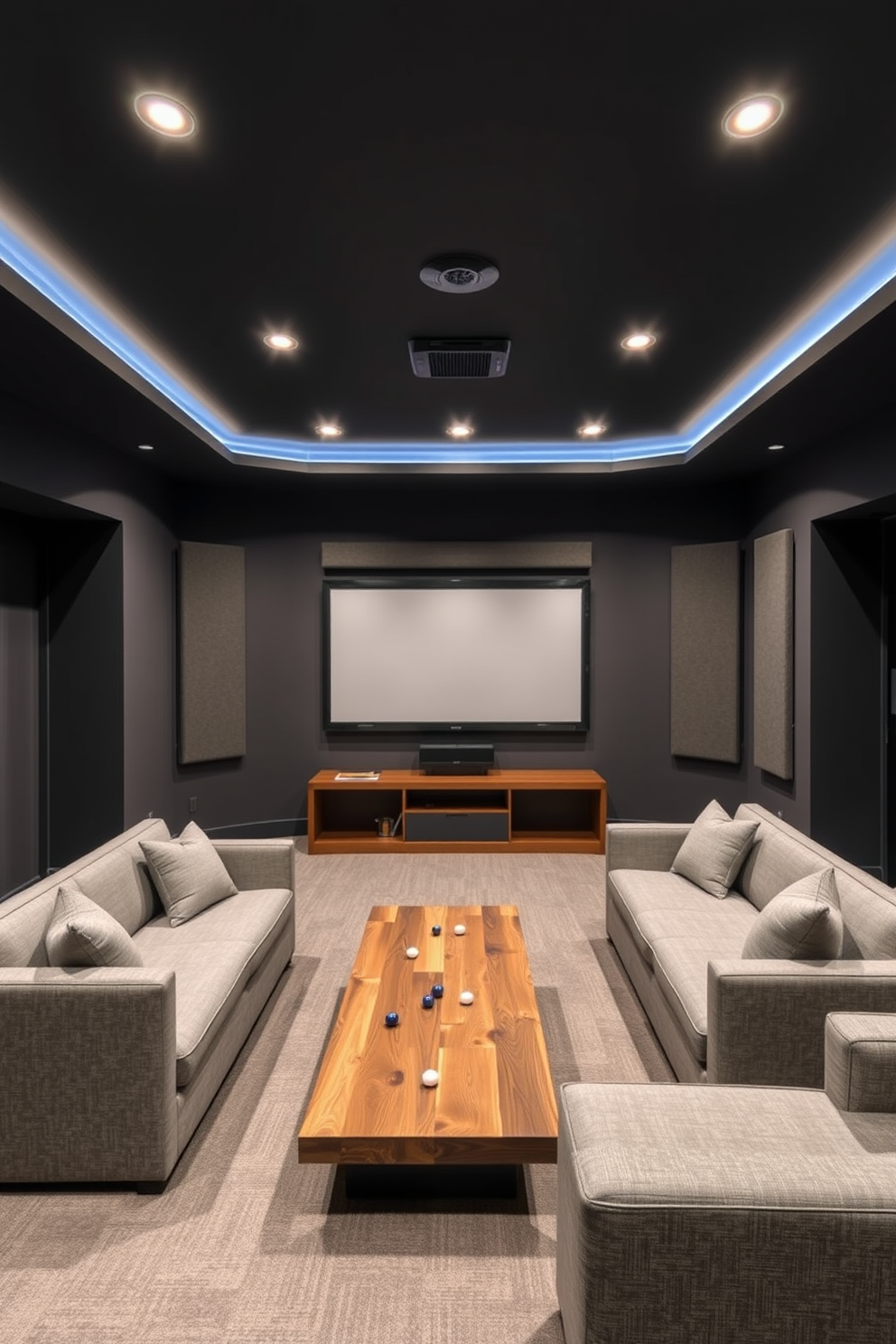 A modern game room featuring gray mood lighting that creates an immersive atmosphere. The walls are painted in a deep charcoal gray, and the ceiling is adorned with recessed LED lights that cast a soft glow throughout the space. A sleek sectional sofa in a lighter gray fabric is positioned around a low-profile coffee table made of reclaimed wood. A large flat-screen television is mounted on the wall opposite the seating area, complemented by soundproofing panels for an enhanced audio experience.