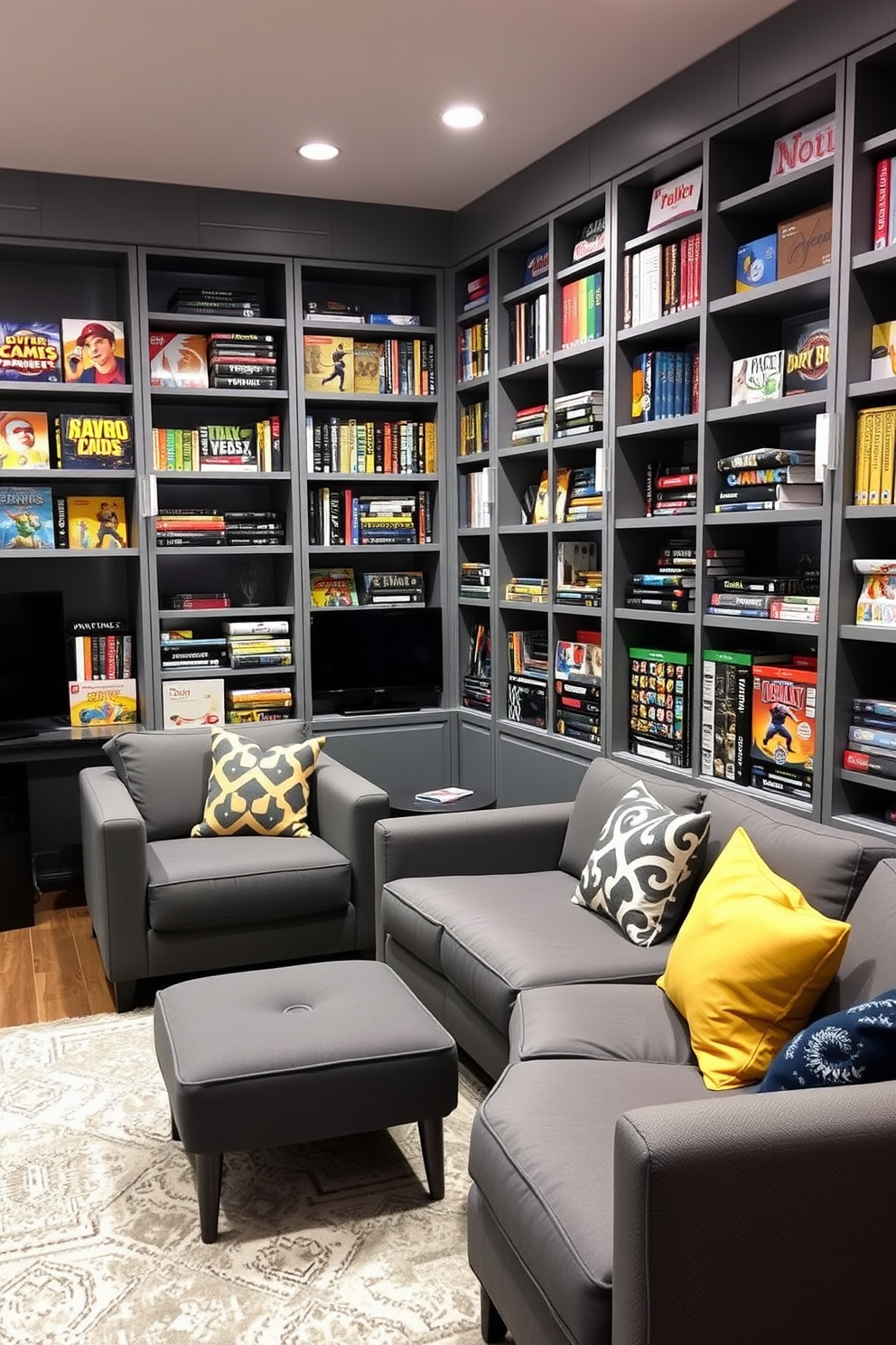 Chic gray shelving lines the walls of a modern game room, displaying an impressive collection of board games and video games. The room features a cozy seating area with plush gray sofas and vibrant accent pillows, creating a perfect space for entertainment and relaxation. The walls are painted in a soft gray tone, enhancing the room's contemporary feel while allowing the colorful game covers to stand out. Ambient lighting fixtures provide a warm glow, and a stylish rug anchors the seating area, adding texture and comfort to the space.