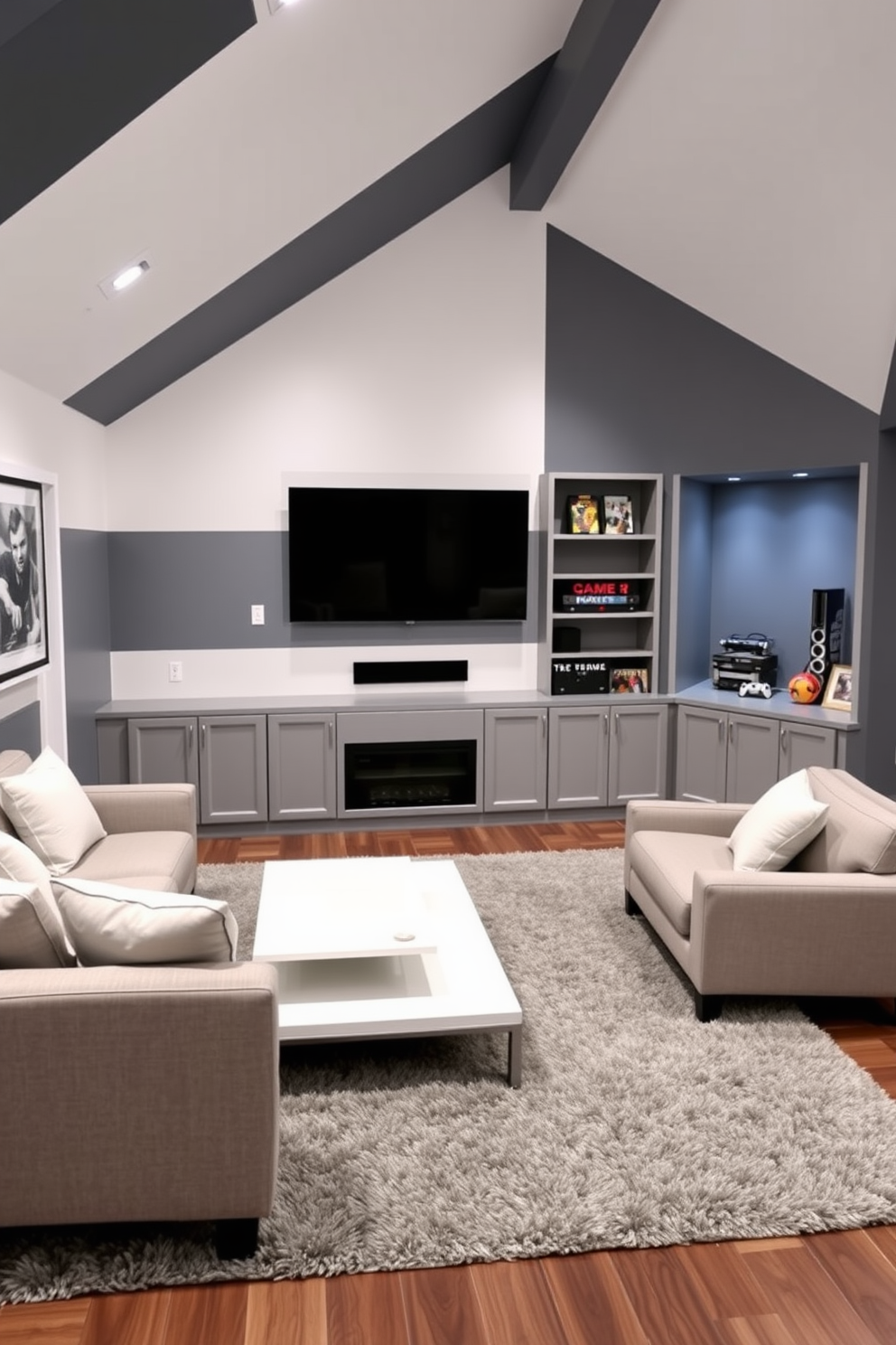 A modern game room featuring a gray and white color block design. The walls are painted in alternating gray and white sections, creating a dynamic visual effect. In the center, a large sectional sofa in a soft gray fabric is complemented by white accent pillows. A sleek white coffee table sits atop a plush gray area rug, providing a cozy gathering spot. The entertainment area includes a wall-mounted flat-screen TV framed by built-in shelves painted in matching gray. A stylish game console and board games are neatly arranged on the shelves, enhancing the room's functionality.