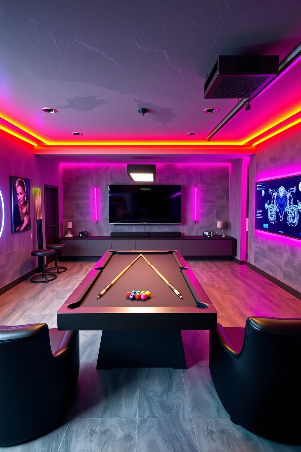 A modern game room featuring industrial gray walls adorned with vibrant neon accents. The space includes a sleek pool table, contemporary seating, and a large wall-mounted screen for gaming and entertainment.