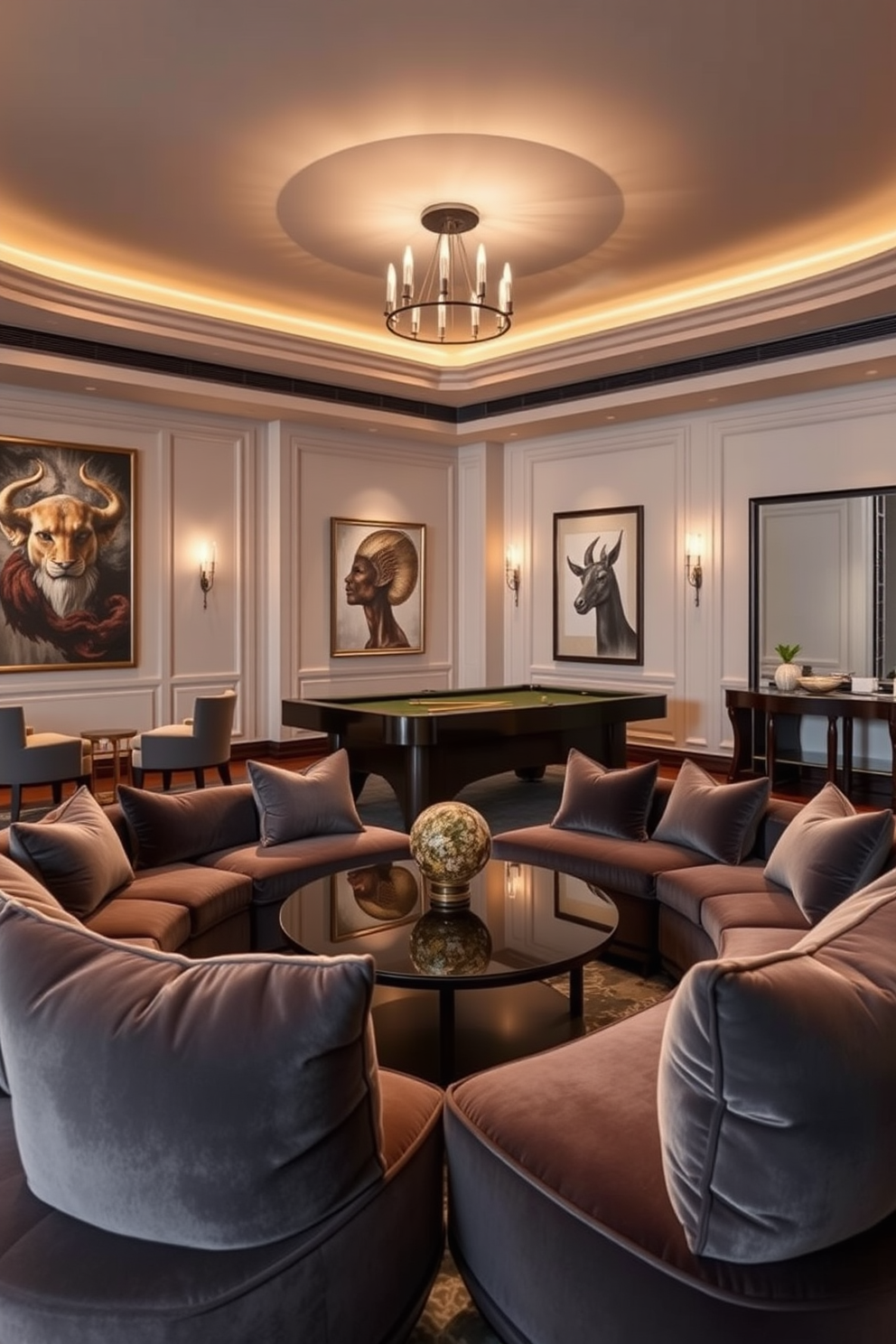 A luxurious game room featuring plush gray velvet cushions arranged around a sleek coffee table. The walls are adorned with contemporary art, and ambient lighting creates a cozy atmosphere for entertaining guests.