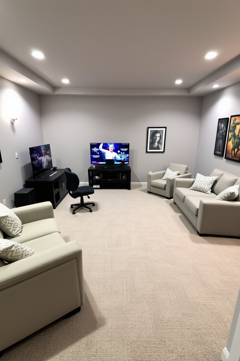 A cozy game room featuring a light gray carpet that adds both comfort and style. The walls are painted in a soft gray hue, complemented by plush seating arrangements and a modern gaming console setup.