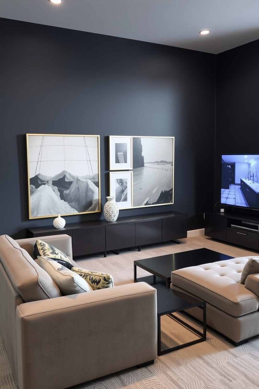 A modern game room featuring a dark gray accent wall adorned with contemporary artwork. The space includes a plush sectional sofa in a lighter shade, paired with a sleek coffee table and a large flat-screen television mounted above a stylish media console.