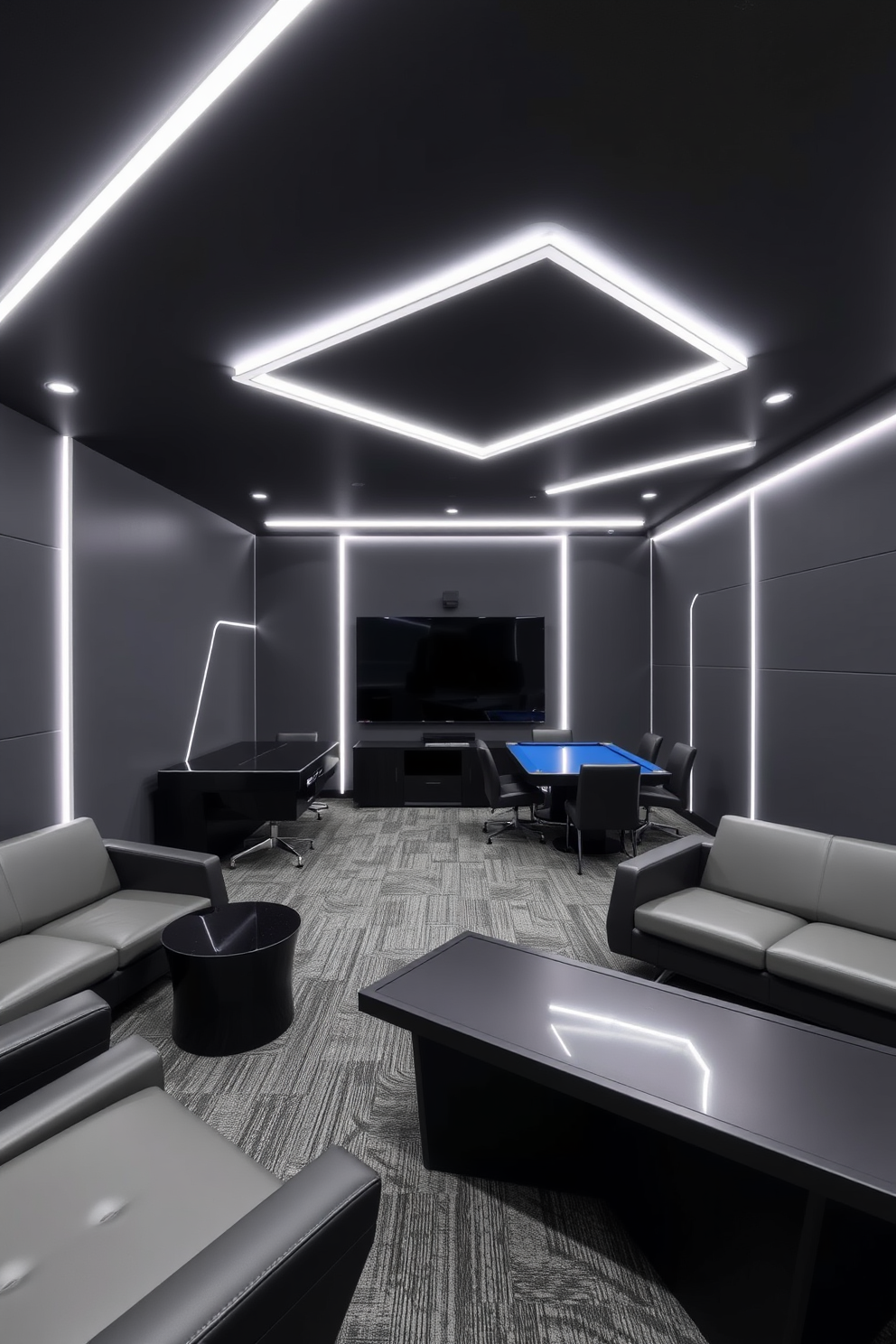 A modern game room with a gray and black color scheme. The space features sleek furniture with angular designs, and LED strip lights illuminate the walls and ceiling for a dynamic atmosphere.