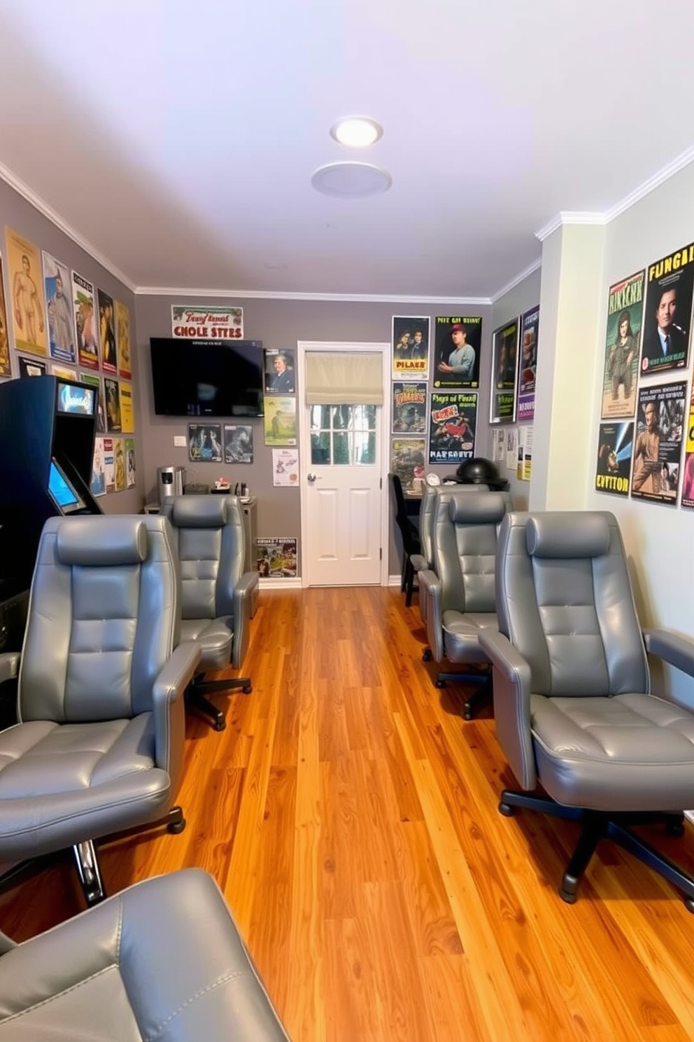 A cozy game room featuring vintage gray gaming chairs that evoke a retro vibe. The walls are adorned with nostalgic posters and the flooring is a warm wood finish, creating an inviting atmosphere.