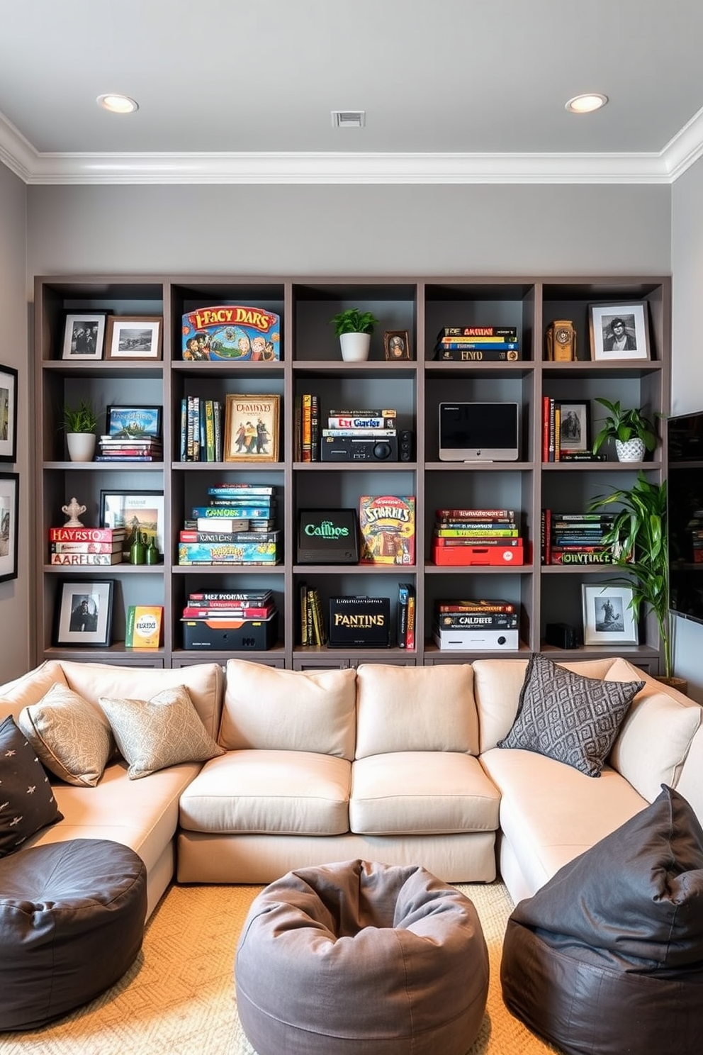 A stylish game room featuring open shelving designed for game storage solutions. The shelves are filled with neatly organized board games and gaming consoles, complemented by decorative elements like framed art and potted plants. The walls are painted in a soft gray tone, creating a calming atmosphere. Comfortable seating options, such as a plush sectional sofa and bean bags, are arranged to encourage social interaction and relaxation.