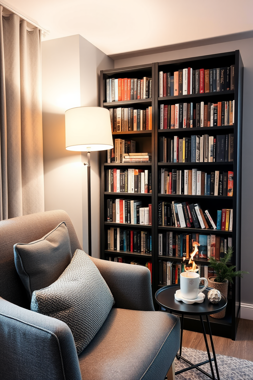 Cozy reading nook with gray accents. A plush gray armchair is positioned next to a tall bookshelf filled with an array of books. Soft lighting from a stylish floor lamp creates a warm ambiance. A small side table holds a steaming cup of tea and a decorative plant, enhancing the inviting atmosphere.