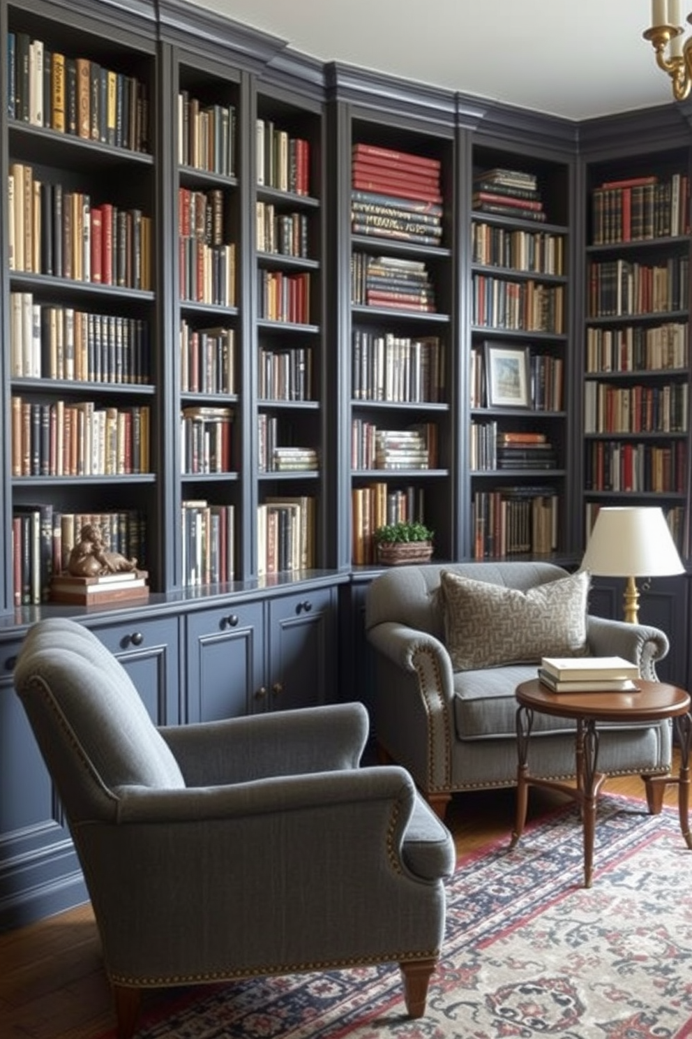 A cozy home library featuring vintage gray furniture that adds a classic touch. The room is filled with tall bookshelves lined with books, while a plush gray armchair invites readers to settle in with a good book.