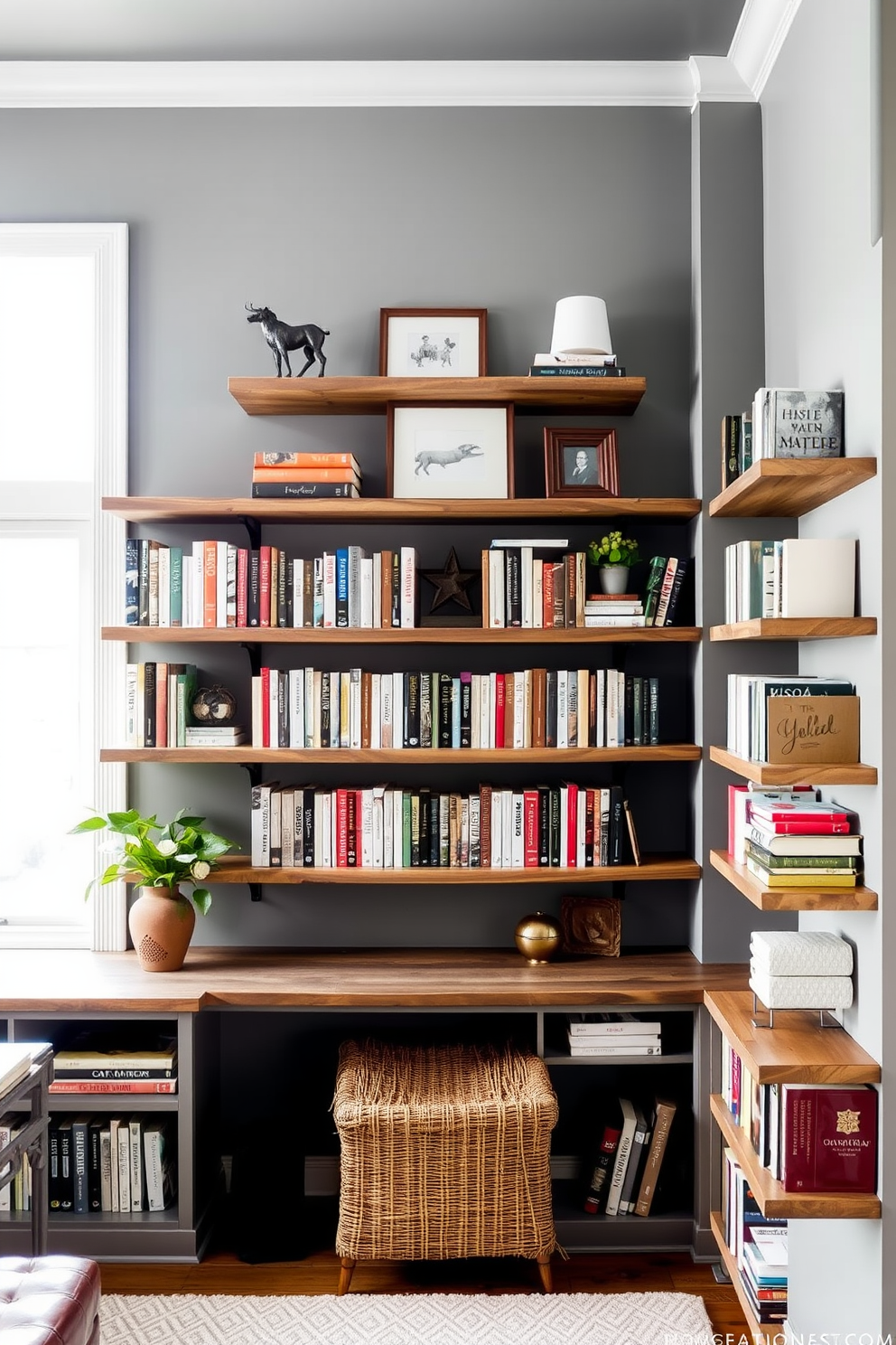 A cozy gray home library with floating shelves that showcase an array of books and decorative items. The shelves are made of reclaimed wood and are perfectly arranged to create an inviting reading nook.