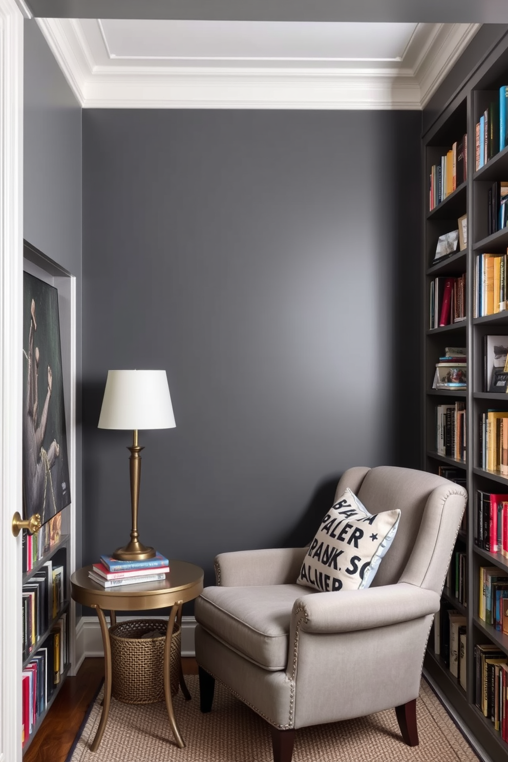 Accent wall in deep gray for contrast. A cozy reading nook features a plush armchair in a complementary shade, with a small side table holding a vintage lamp. Bookshelves line the walls, filled with an eclectic mix of books and decorative items. Soft lighting creates a warm ambiance, inviting you to settle in with your favorite novel.