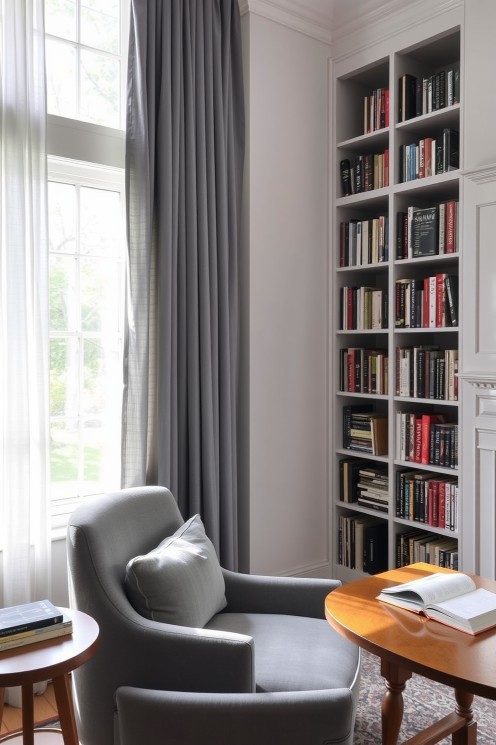 A cozy home library featuring gray curtains that gently soften the natural light filtering through the windows. The space includes floor-to-ceiling bookshelves filled with a curated collection of books, complemented by a plush gray armchair and a warm wooden reading table.