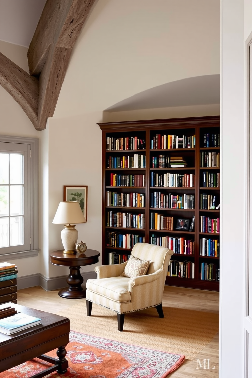 A cozy home library featuring rustic gray beams that add architectural interest. The room is adorned with dark wood bookshelves filled with books, complemented by a plush reading chair and a warm, inviting rug.