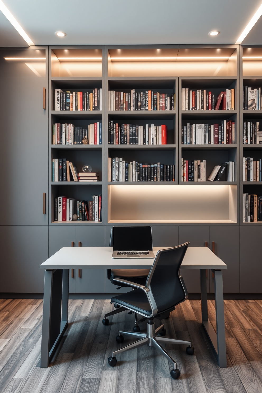 A modern gray desk sits in a functional workspace, featuring clean lines and a minimalist design. The desk is paired with a stylish ergonomic chair, and a sleek laptop rests on its surface. Surrounding the desk is a sophisticated gray home library, showcasing floor-to-ceiling bookshelves filled with an array of books. Soft ambient lighting illuminates the space, creating a cozy atmosphere perfect for reading and studying.