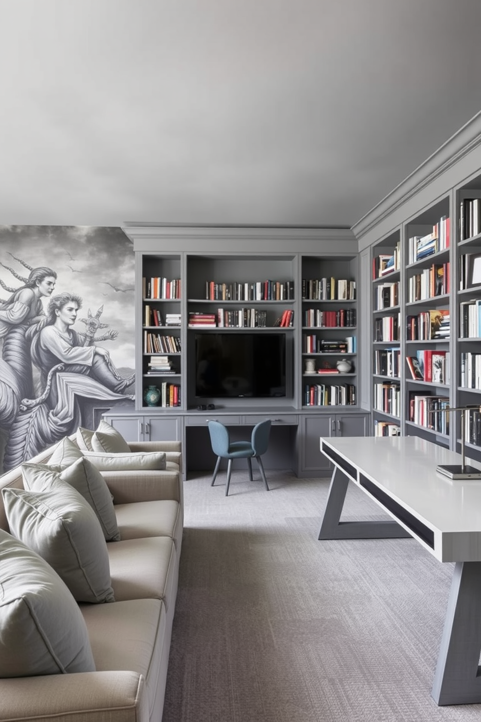 Artistic gray murals adorn the walls of the home library, creating an atmosphere that inspires creativity and contemplation. The space features plush seating arrangements with soft gray cushions, inviting readers to immerse themselves in their favorite books. Floor-to-ceiling bookshelves, painted in a complementary shade of gray, house an extensive collection of literature. A sleek, modern desk sits in the corner, providing a functional workspace with stylish gray accents.