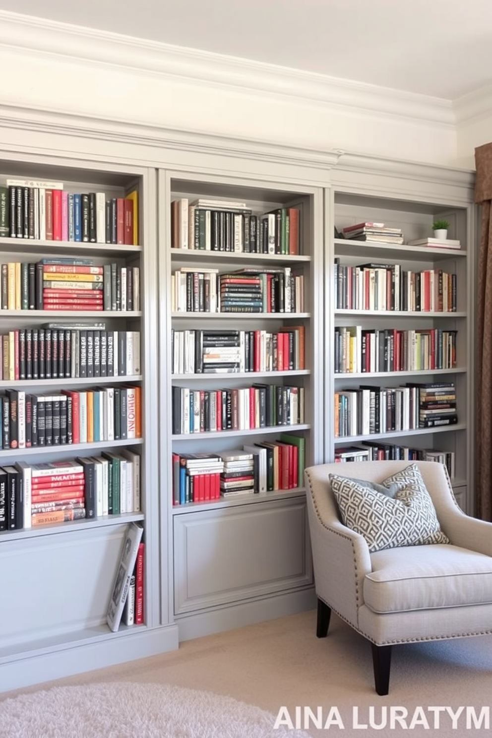 A stylish home library featuring gray bookends that elegantly organize a collection of books. The shelves are lined with various genres, and a cozy reading nook is situated nearby with a plush armchair and soft lighting.