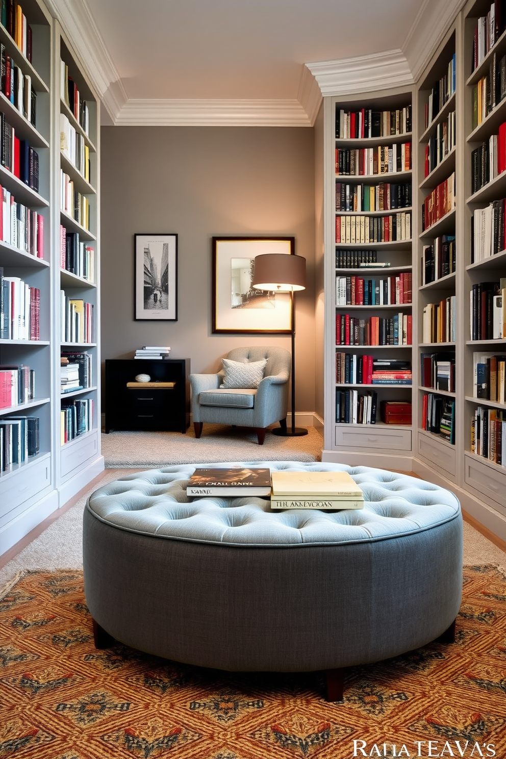 A chic gray ottoman sits elegantly in the center of the room, providing extra seating while adding a touch of sophistication. Surrounding the ottoman, tall bookshelves filled with a curated selection of books create a warm and inviting atmosphere. The walls are painted in a soft gray hue, complementing the rich textures of the furniture. A cozy reading nook with a plush armchair is nestled in one corner, illuminated by a stylish floor lamp.