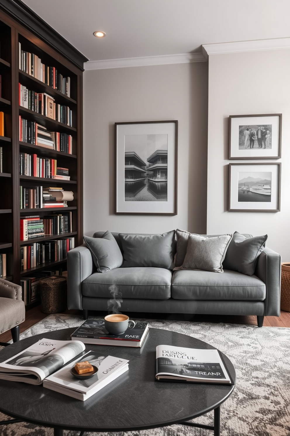 A cozy home library featuring gray-framed artwork that adds a personal touch to the decor. The walls are lined with dark wood shelves filled with books, and a plush gray sofa invites relaxation in the reading nook. Soft ambient lighting illuminates the space, creating a warm and inviting atmosphere. A large area rug anchors the room, while a stylish coffee table holds a stack of design magazines and a steaming cup of tea.