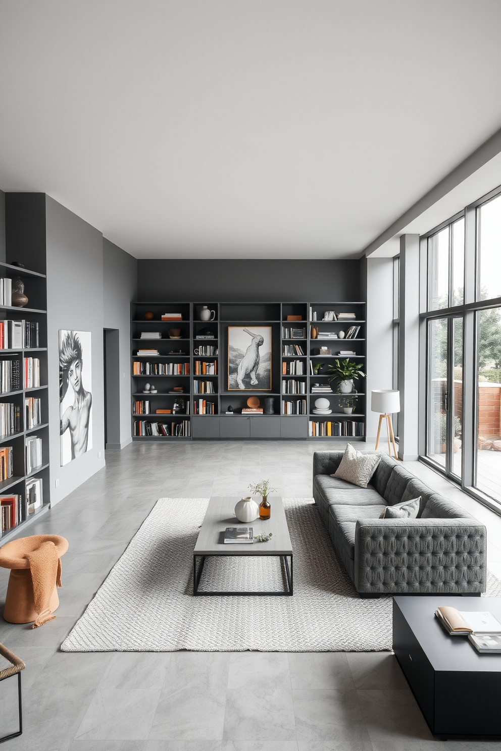 Open layout with gray tones throughout. The space features a cozy seating area with a plush gray sectional sofa and a sleek coffee table. Bookshelves line the walls, filled with an array of books and decorative objects. Large windows allow natural light to flood the room, highlighting the soft textures and warm accents.