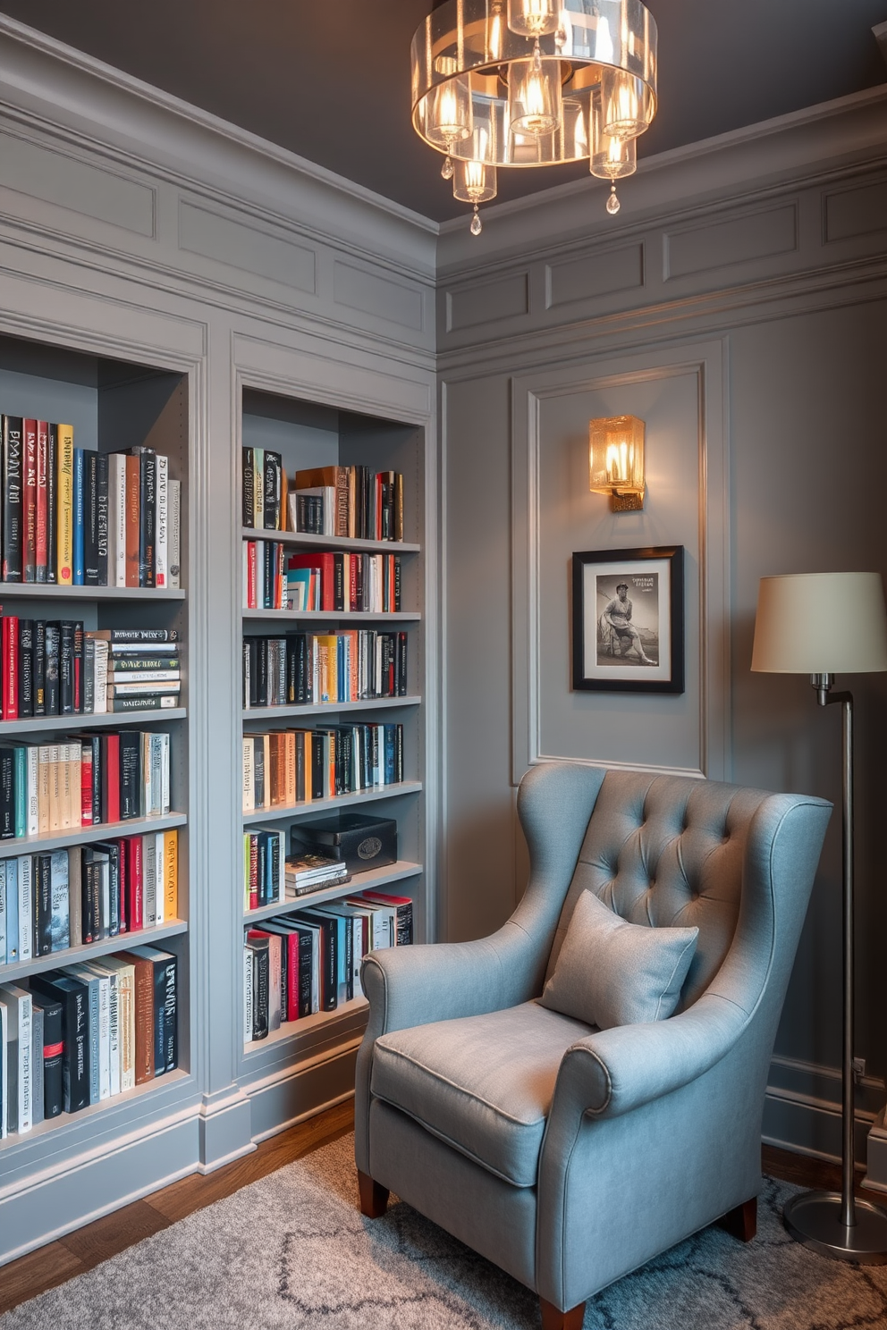 A stylish gray home library features elegant lighting fixtures that enhance the cozy atmosphere. The shelves are filled with an array of books, and a plush gray armchair invites relaxation in a corner nook.