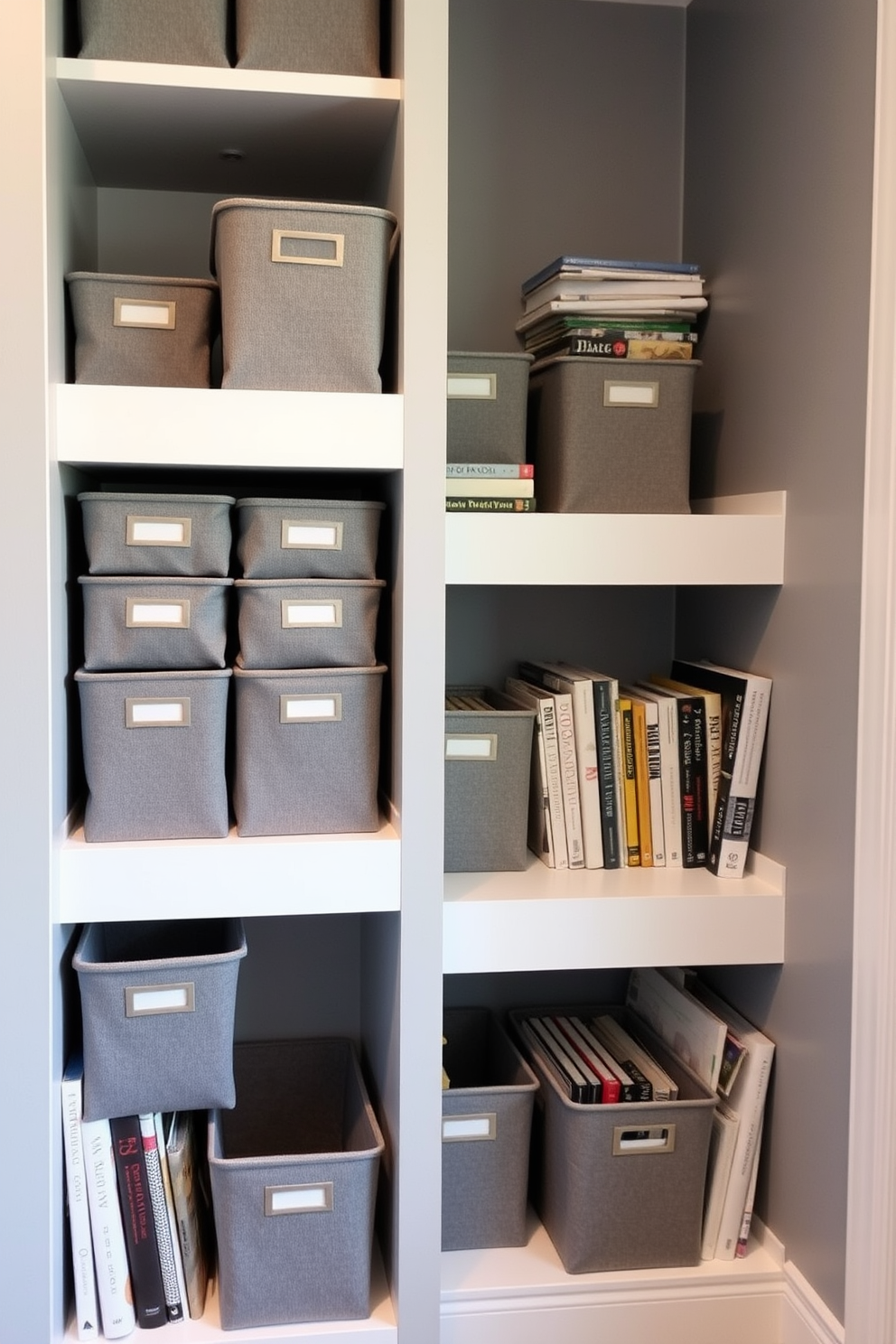 A cozy home library featuring gray storage bins neatly arranged on stylish shelves. The walls are painted in a soft gray tone, creating a calm and inviting atmosphere for reading and relaxation.