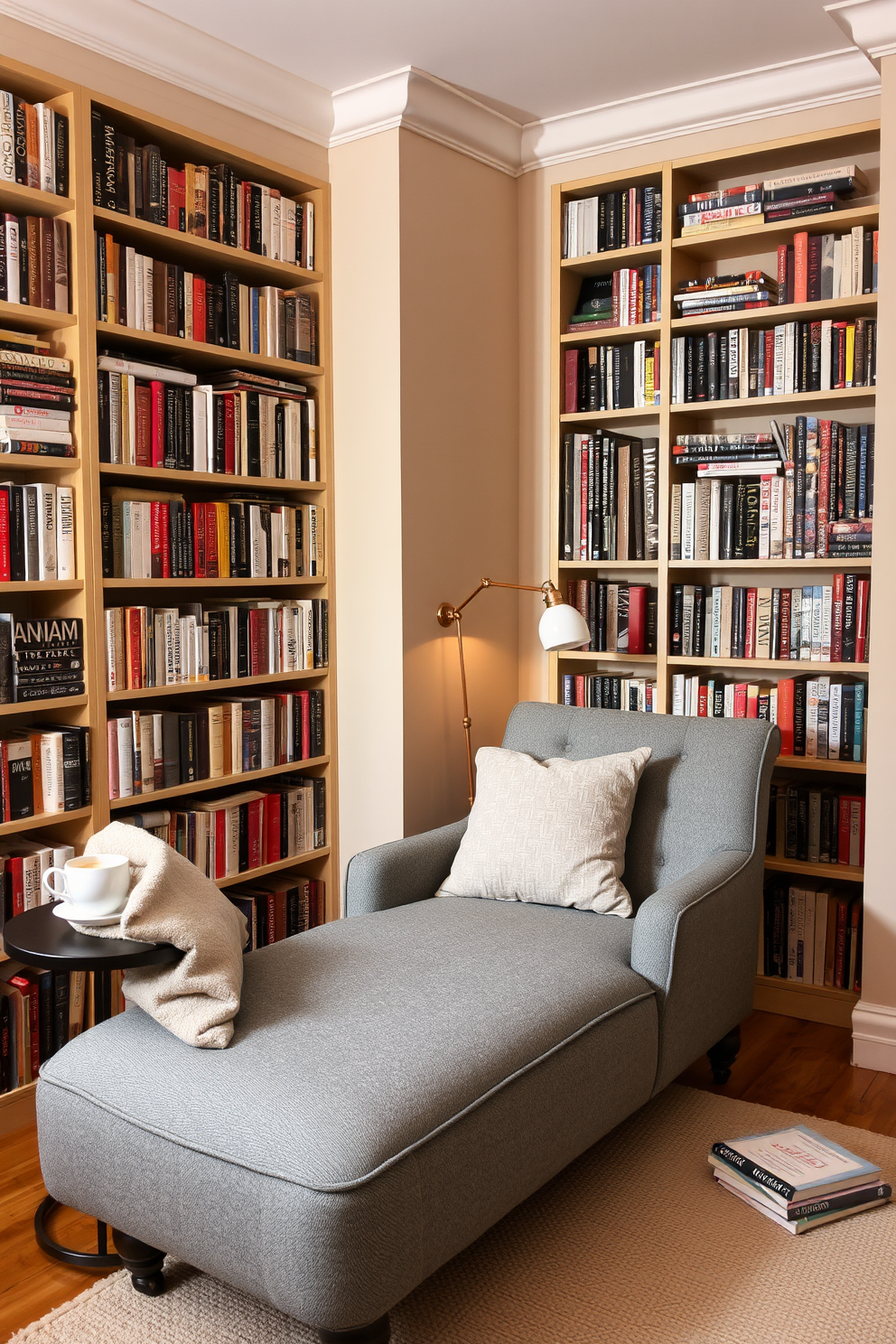 A comfortable gray chaise lounge is positioned in a cozy corner of the room, inviting relaxation with its plush cushions and soft fabric. Surrounding the lounge, tall bookshelves filled with an array of books create a warm and inviting home library atmosphere. The walls are painted in a soft beige hue, enhancing the calming effect of the space. A small side table next to the chaise lounge holds a steaming cup of tea and a stylish reading lamp, perfect for enjoying a quiet evening with a good book.