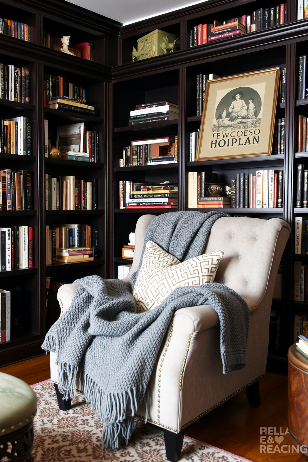 A cozy home library featuring layered gray throws draped over a plush reading chair. The walls are lined with dark wooden bookshelves filled with an eclectic collection of books and decorative items.